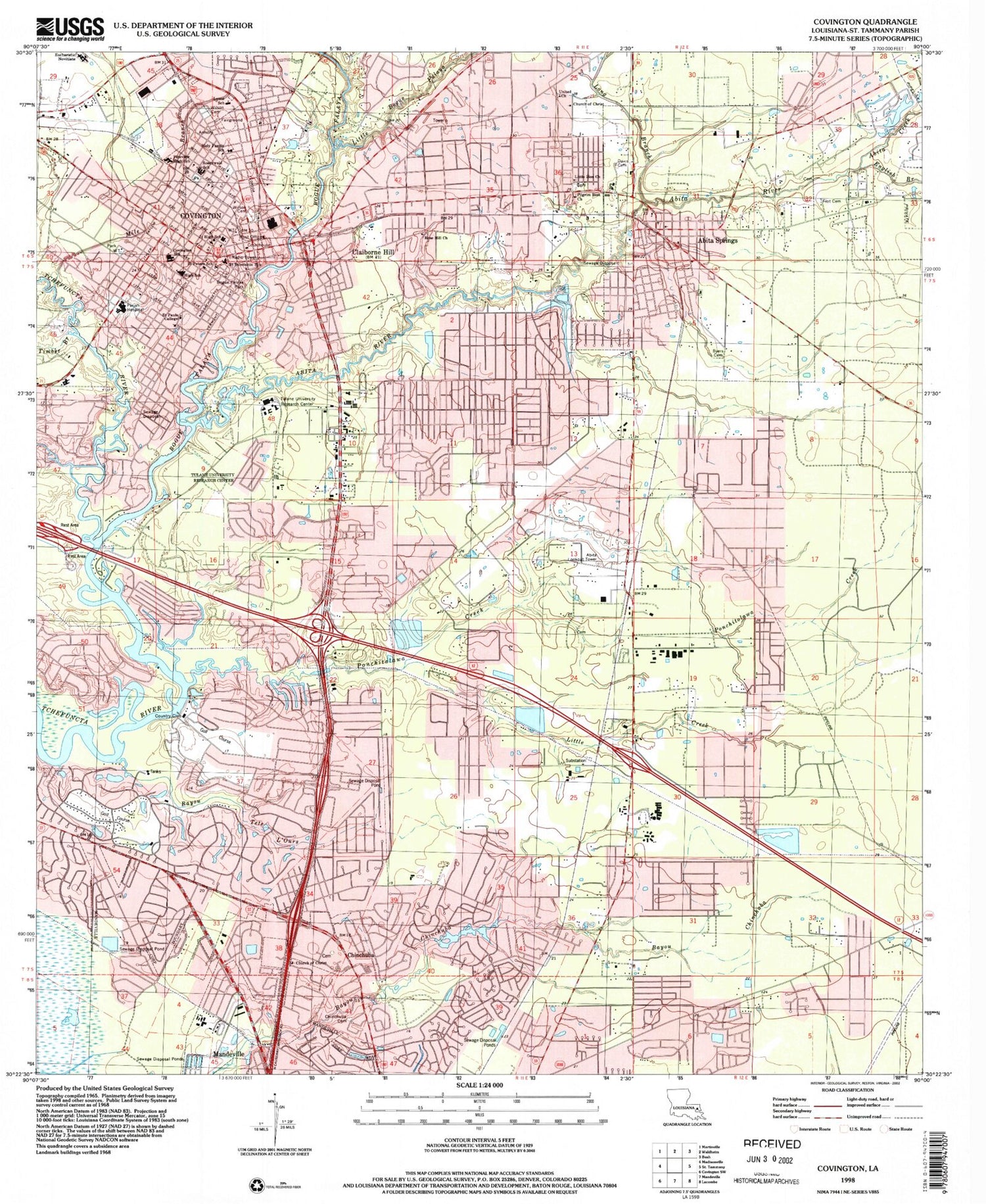 Classic USGS Covington Louisiana 7.5'x7.5' Topo Map Image