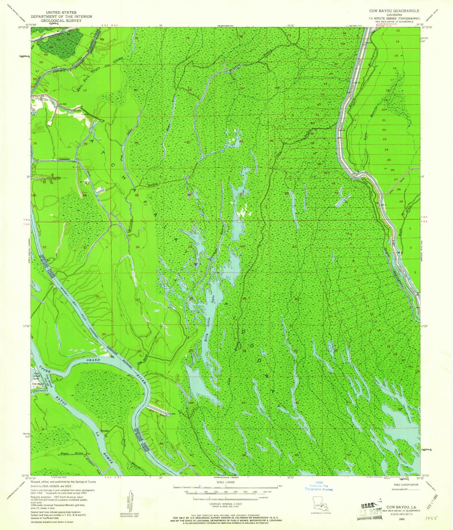 Classic USGS Cow Bayou Louisiana 7.5'x7.5' Topo Map Image