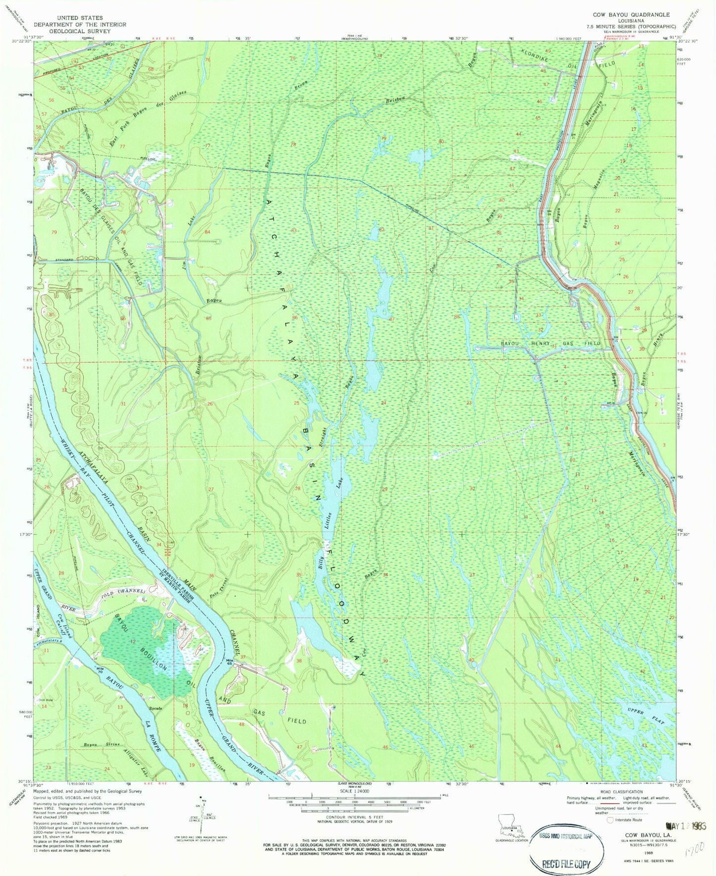 Classic USGS Cow Bayou Louisiana 7.5'x7.5' Topo Map Image