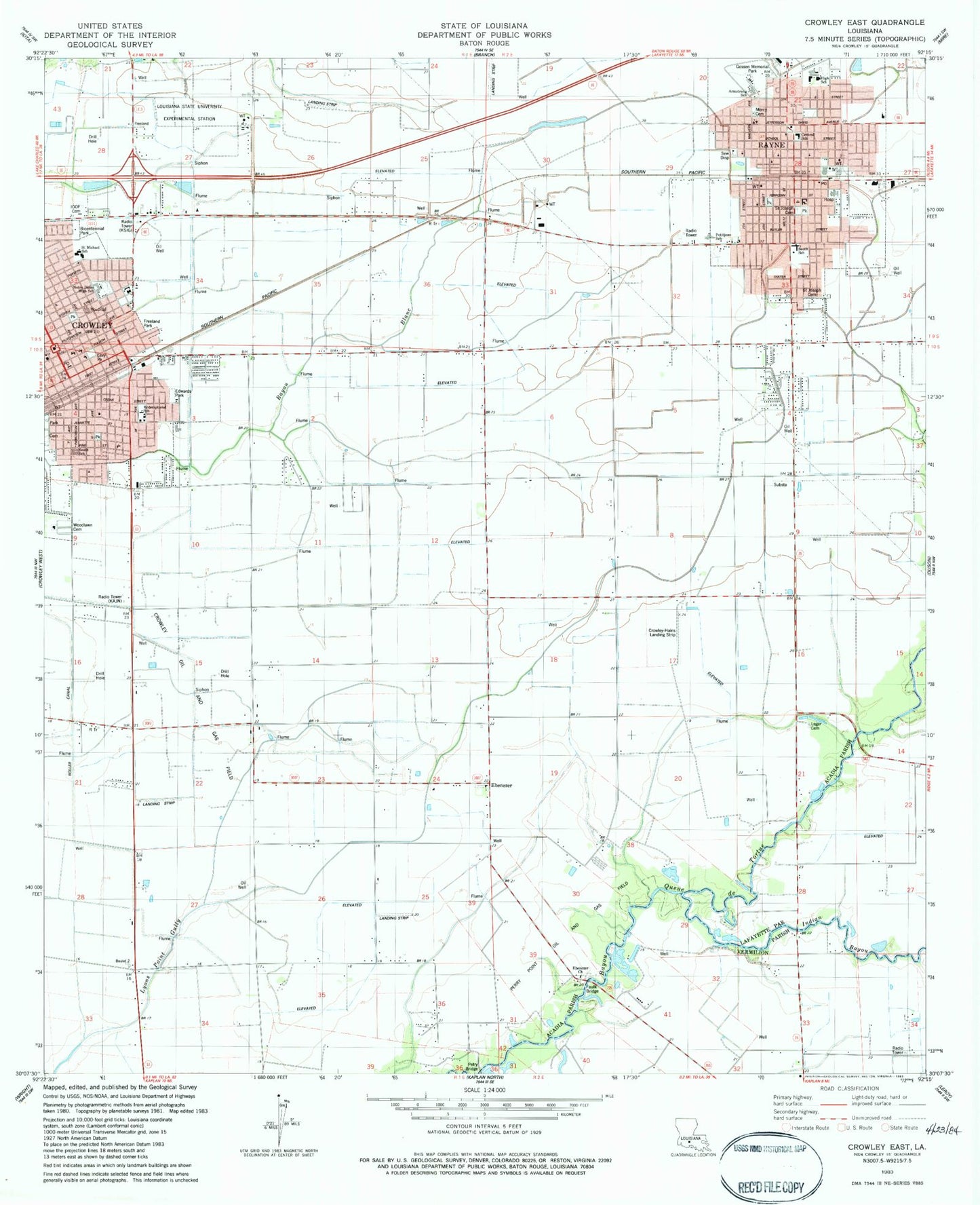 Classic USGS Crowley East Louisiana 7.5'x7.5' Topo Map Image