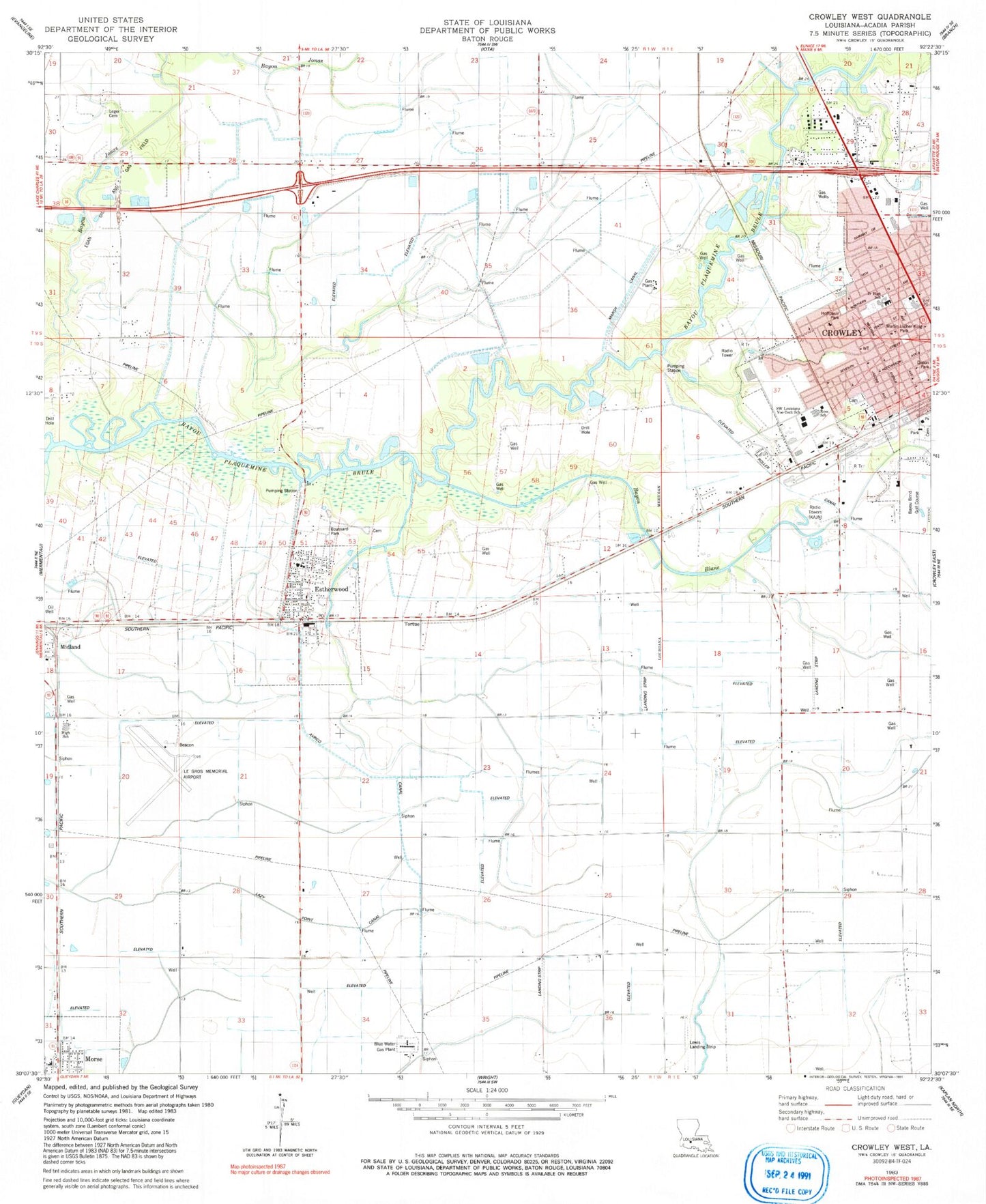 Classic USGS Crowley West Louisiana 7.5'x7.5' Topo Map Image