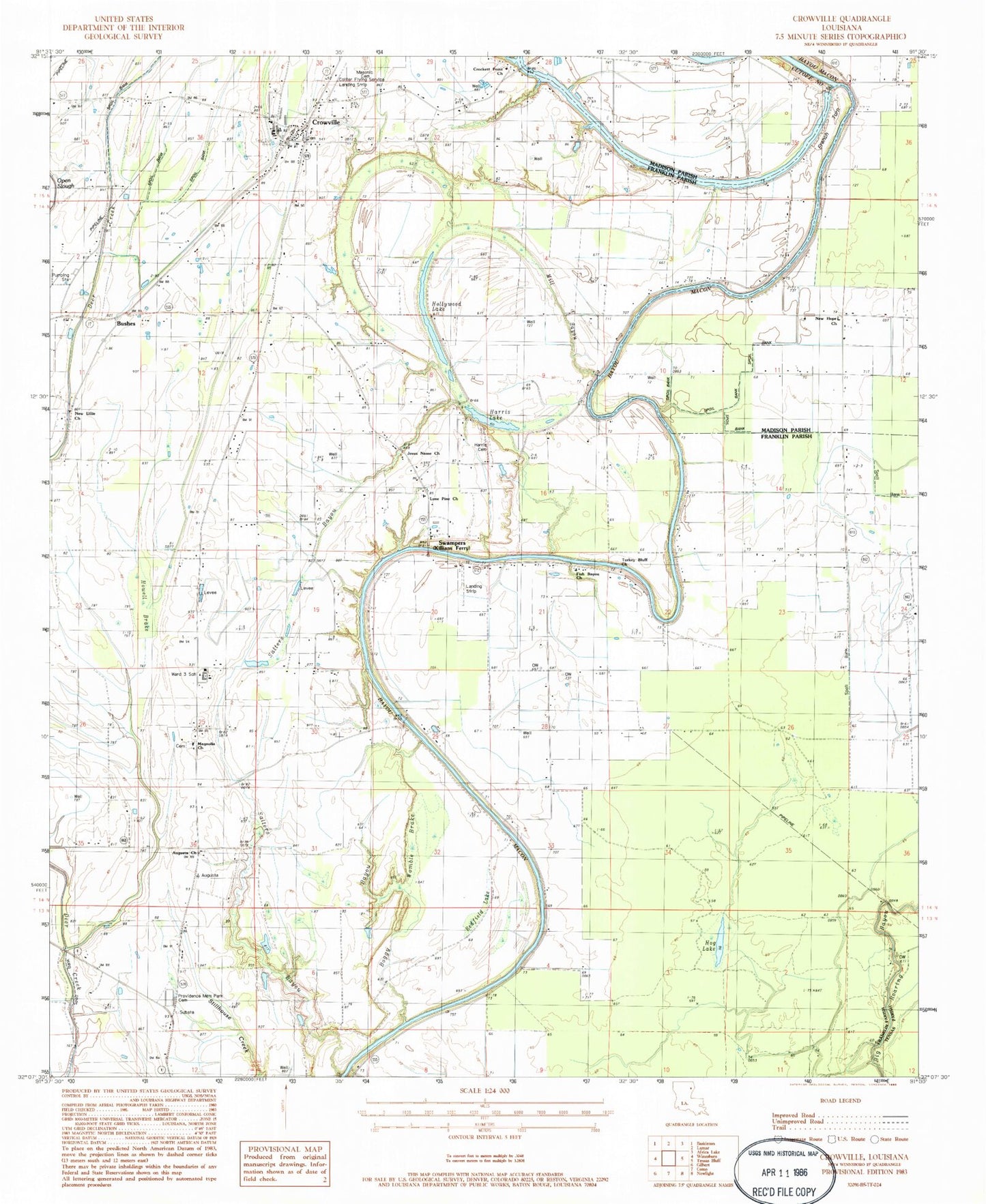 Classic USGS Crowville Louisiana 7.5'x7.5' Topo Map Image