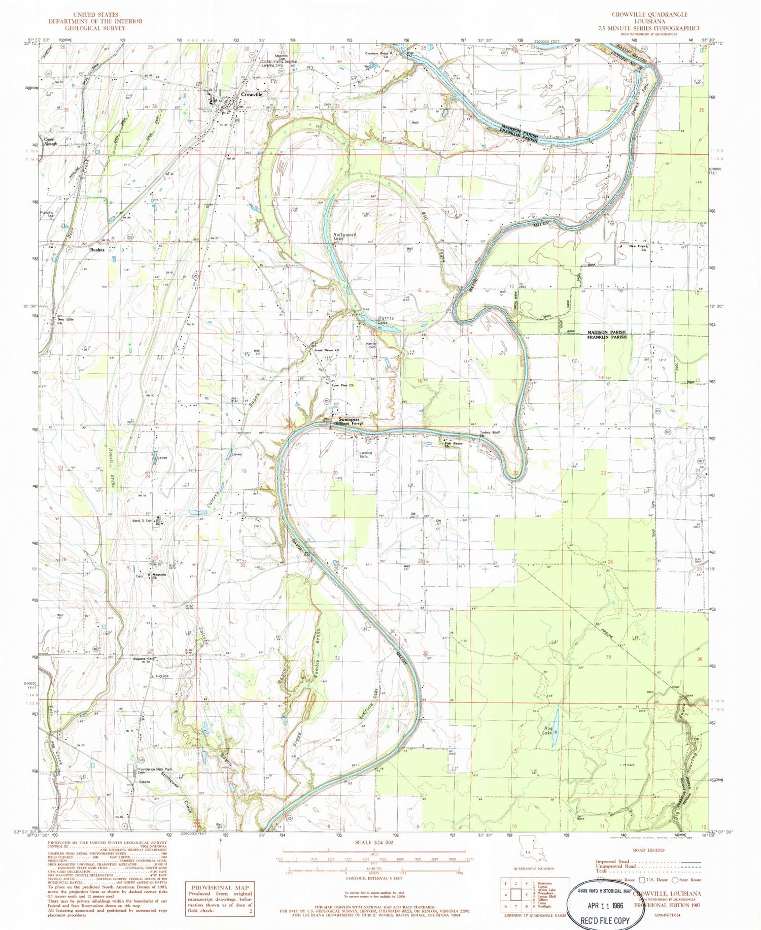 Classic USGS Crowville Louisiana 7.5'x7.5' Topo Map Image