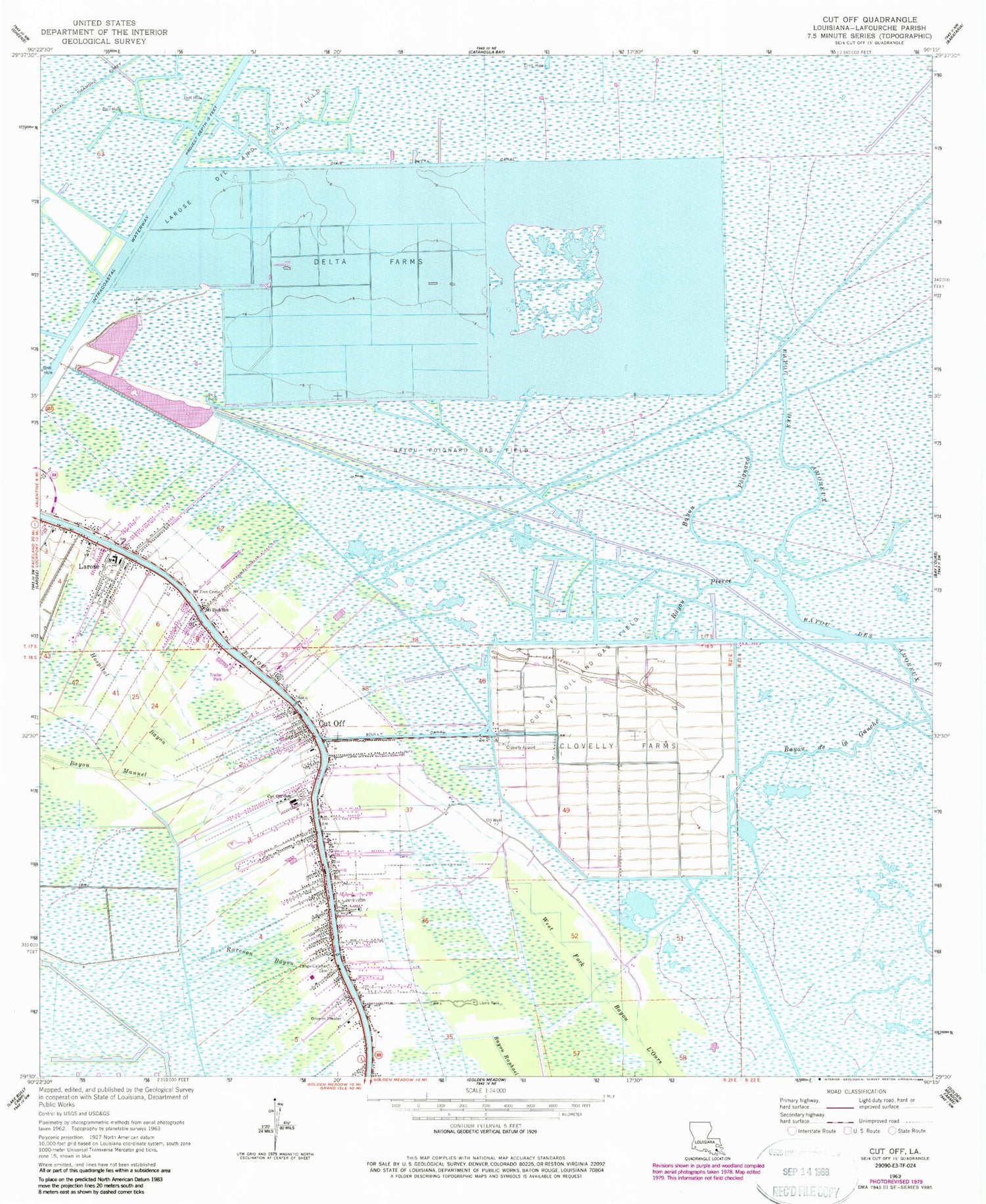 Classic USGS Cut Off Louisiana 7.5'x7.5' Topo Map Image