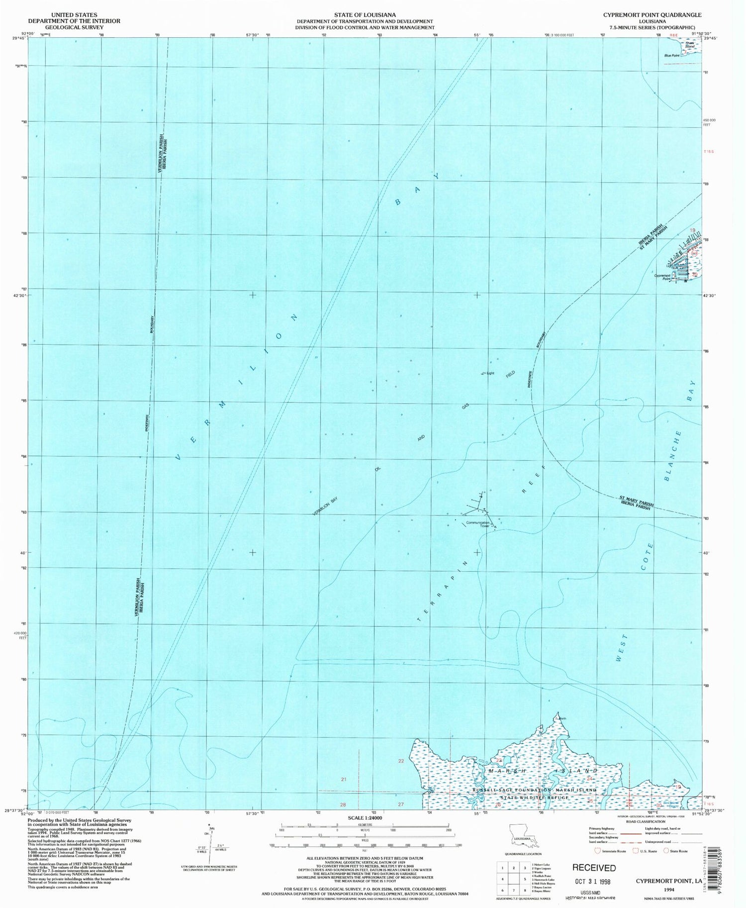 Classic USGS Cypremort Point Louisiana 7.5'x7.5' Topo Map Image