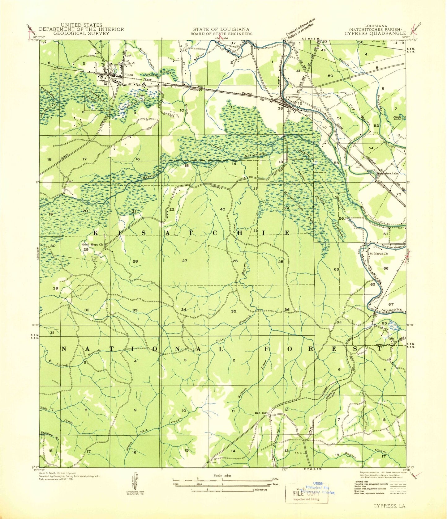 Classic USGS Flora Louisiana 7.5'x7.5' Topo Map Image