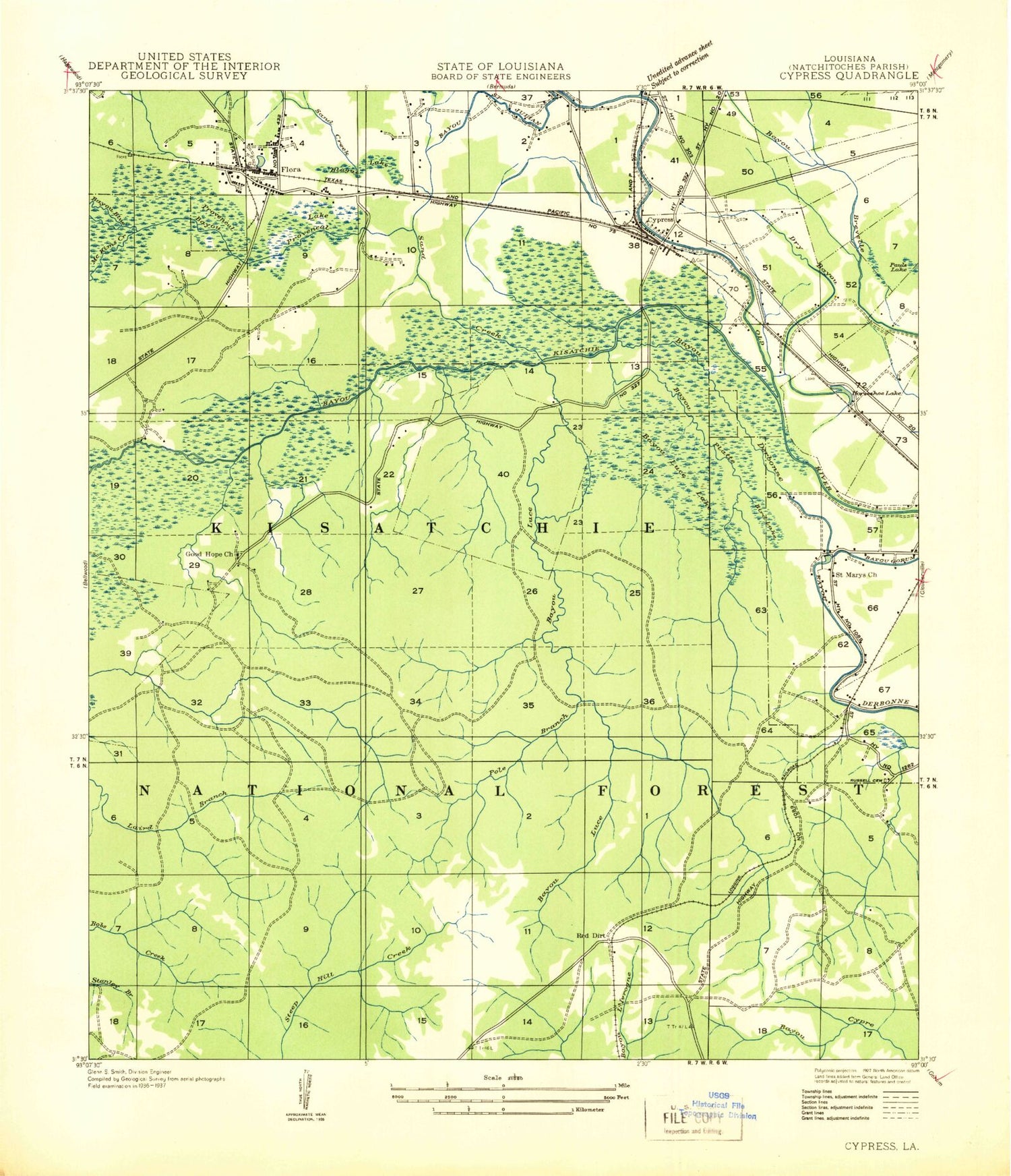 Classic USGS Flora Louisiana 7.5'x7.5' Topo Map Image