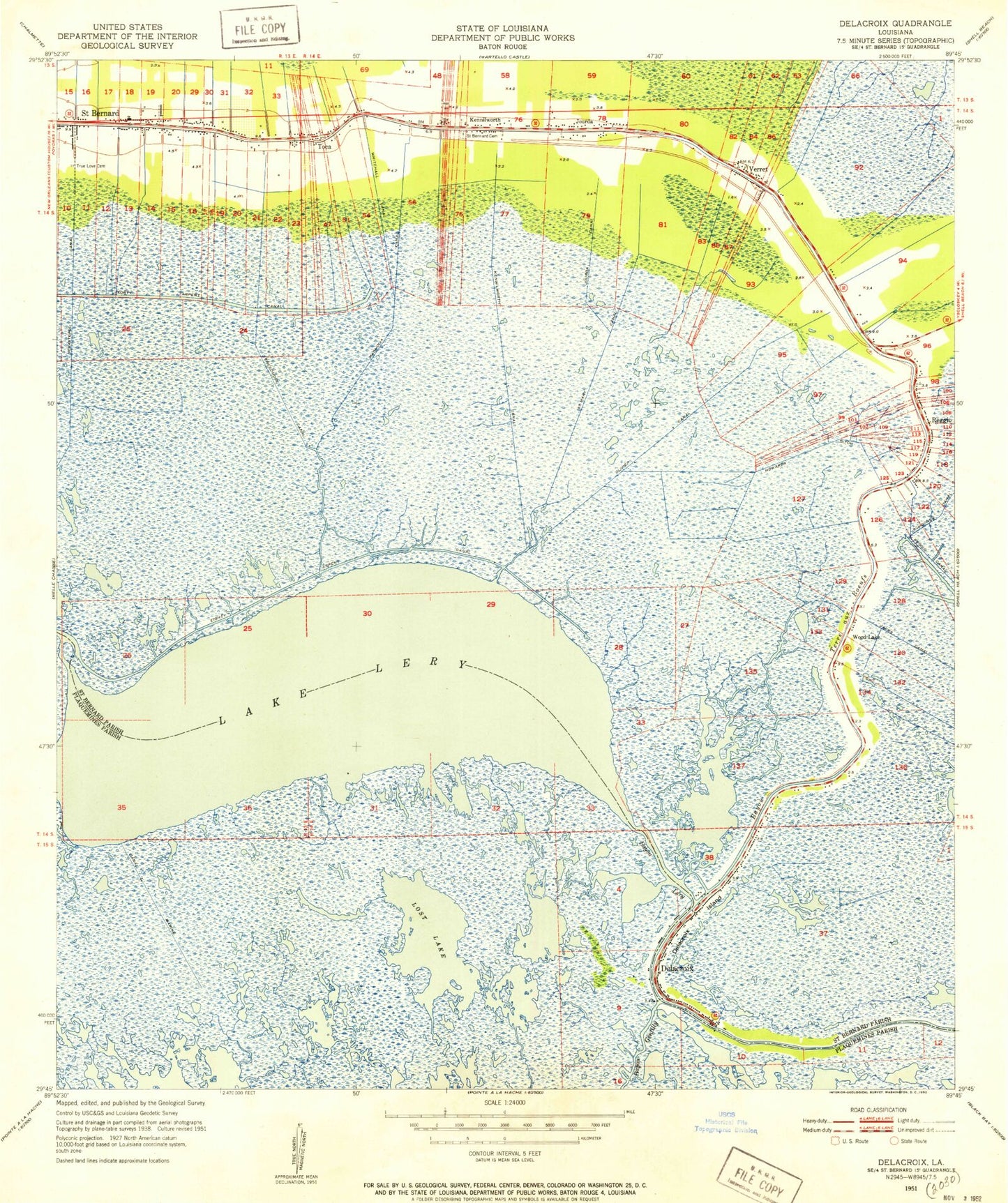 Classic USGS Delacroix Louisiana 7.5'x7.5' Topo Map Image