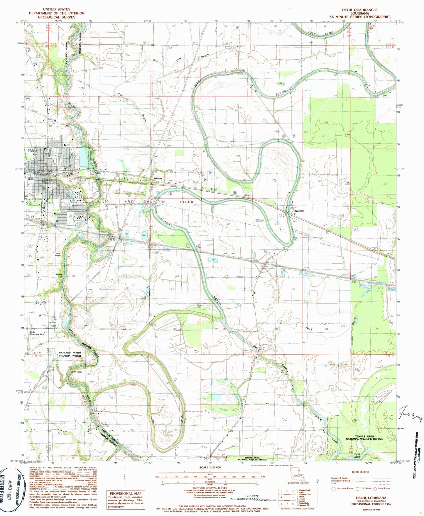 Classic USGS Delhi Louisiana 7.5'x7.5' Topo Map Image