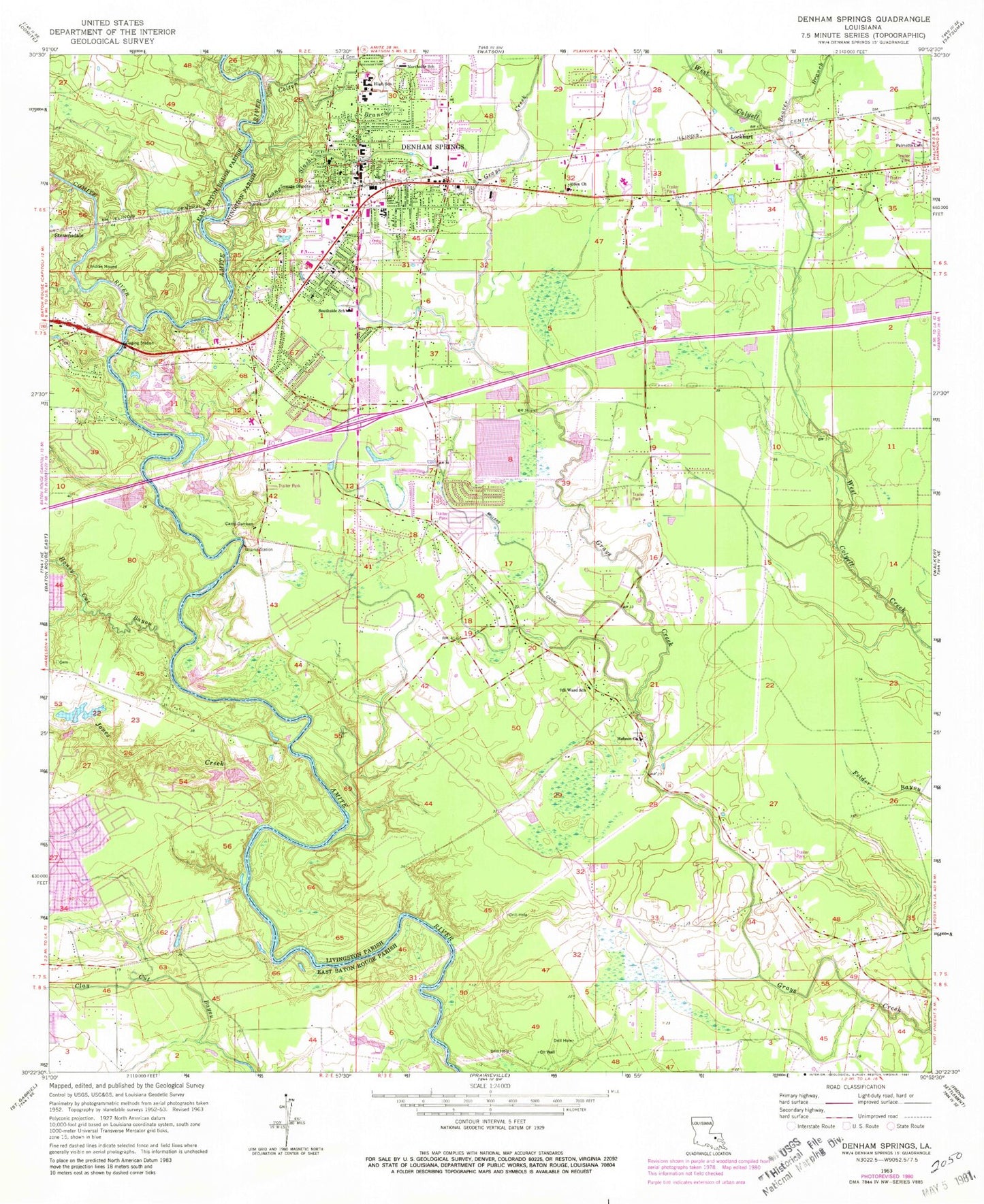 Classic USGS Denham Springs Louisiana 7.5'x7.5' Topo Map Image