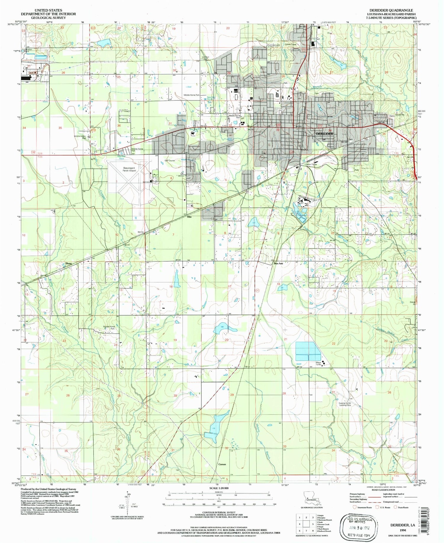Classic USGS DeRidder Louisiana 7.5'x7.5' Topo Map Image