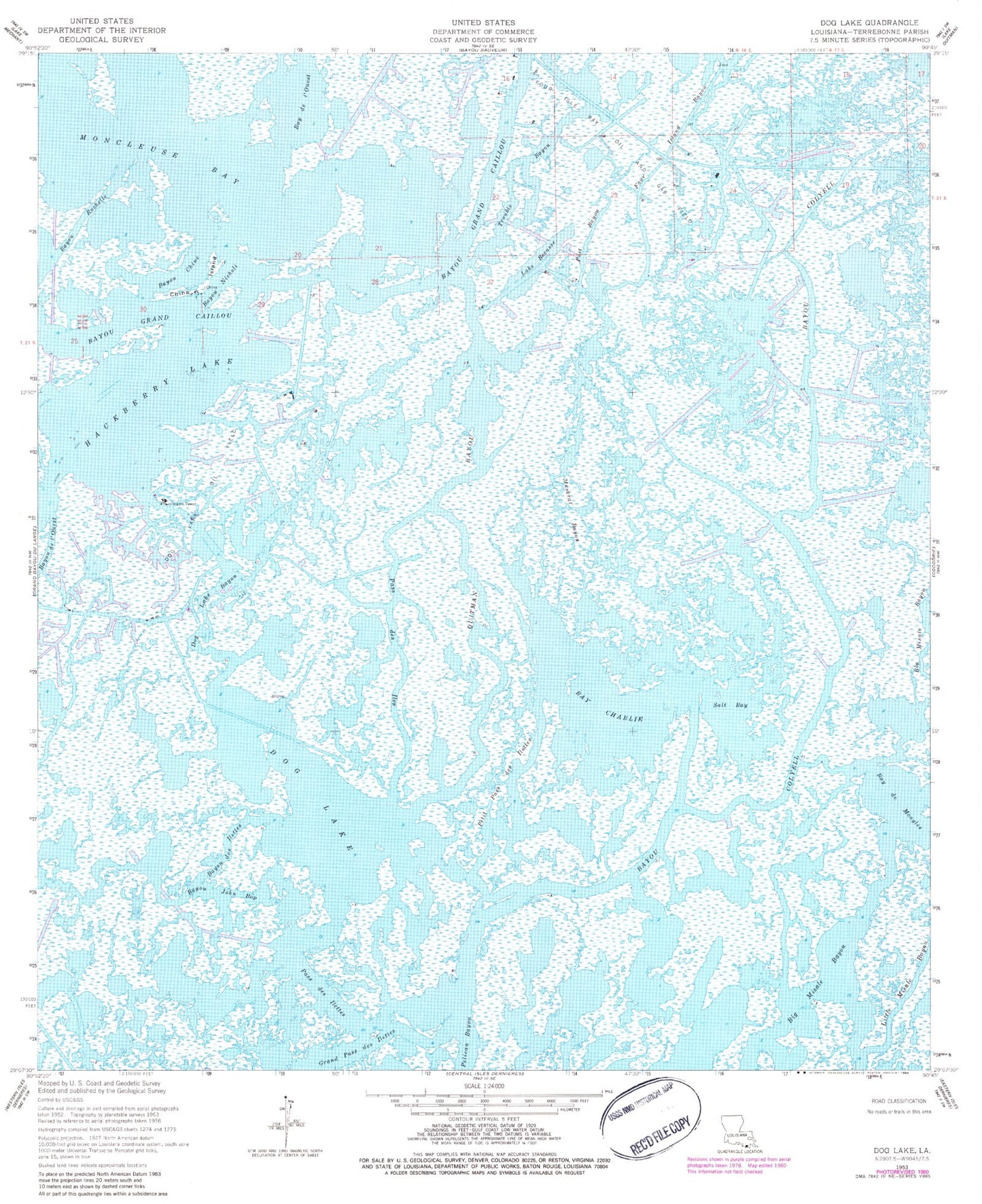 Classic USGS Dog Lake Louisiana 7.5'x7.5' Topo Map Image