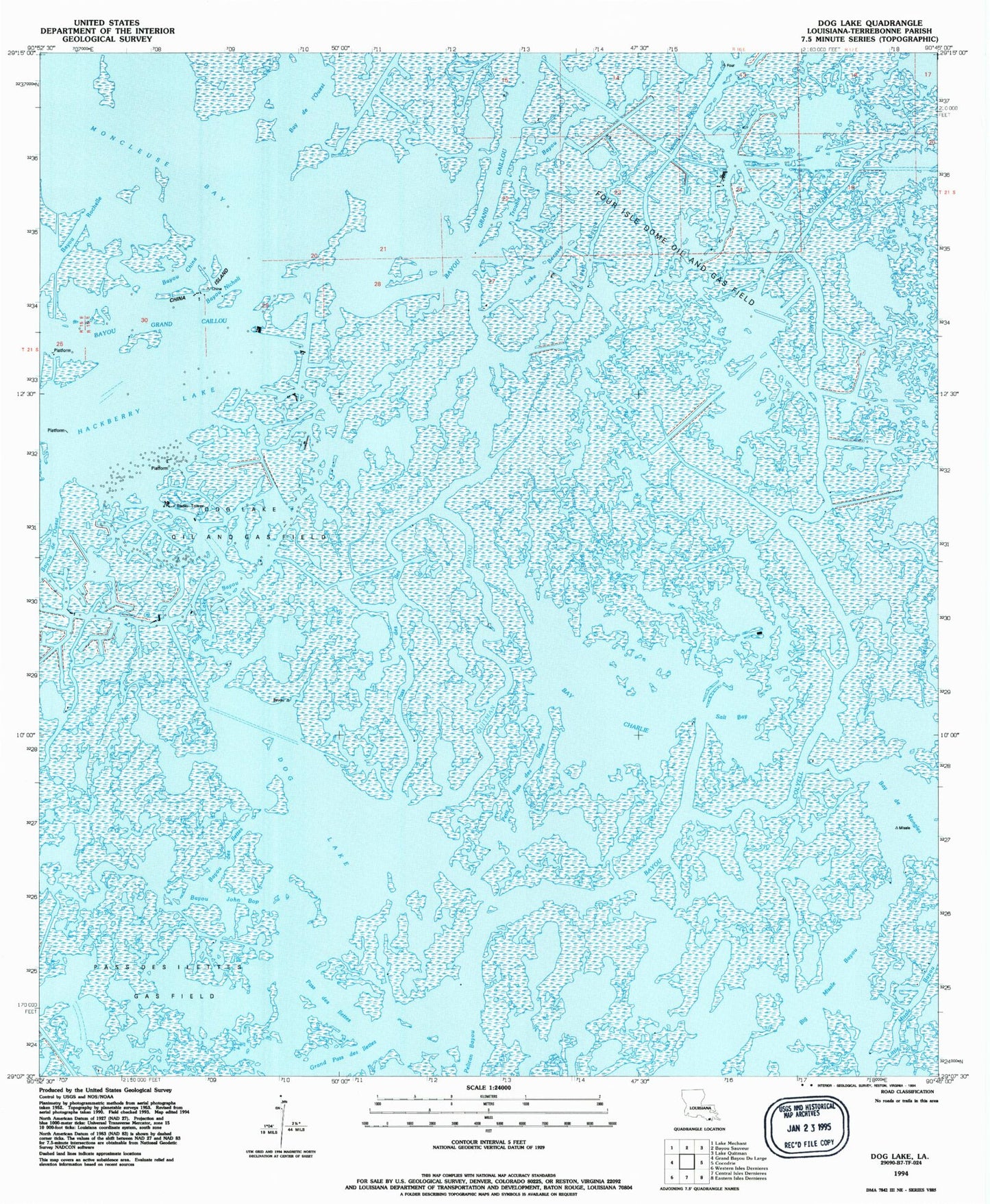 Classic USGS Dog Lake Louisiana 7.5'x7.5' Topo Map Image