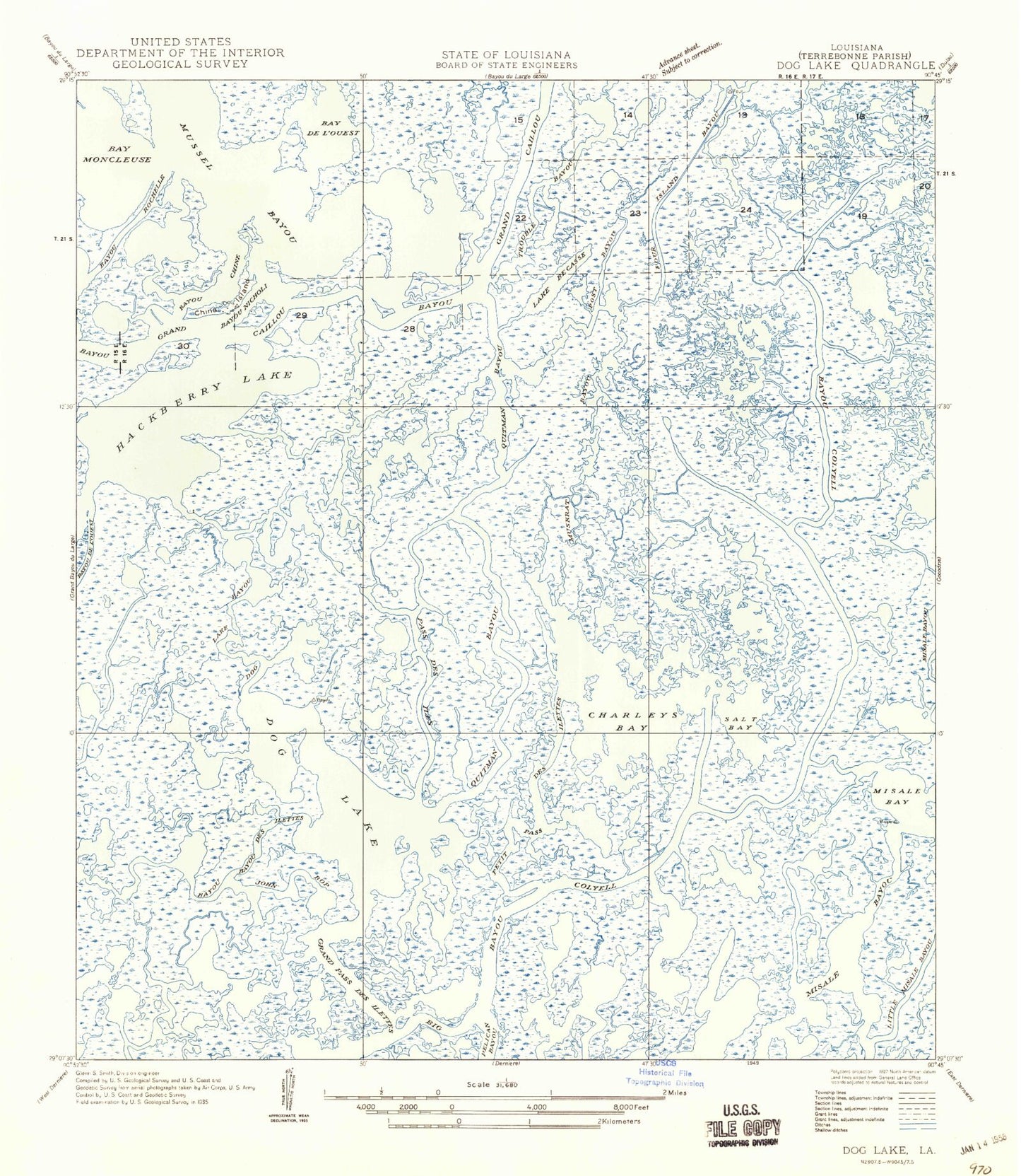 Classic USGS Dog Lake Louisiana 7.5'x7.5' Topo Map Image