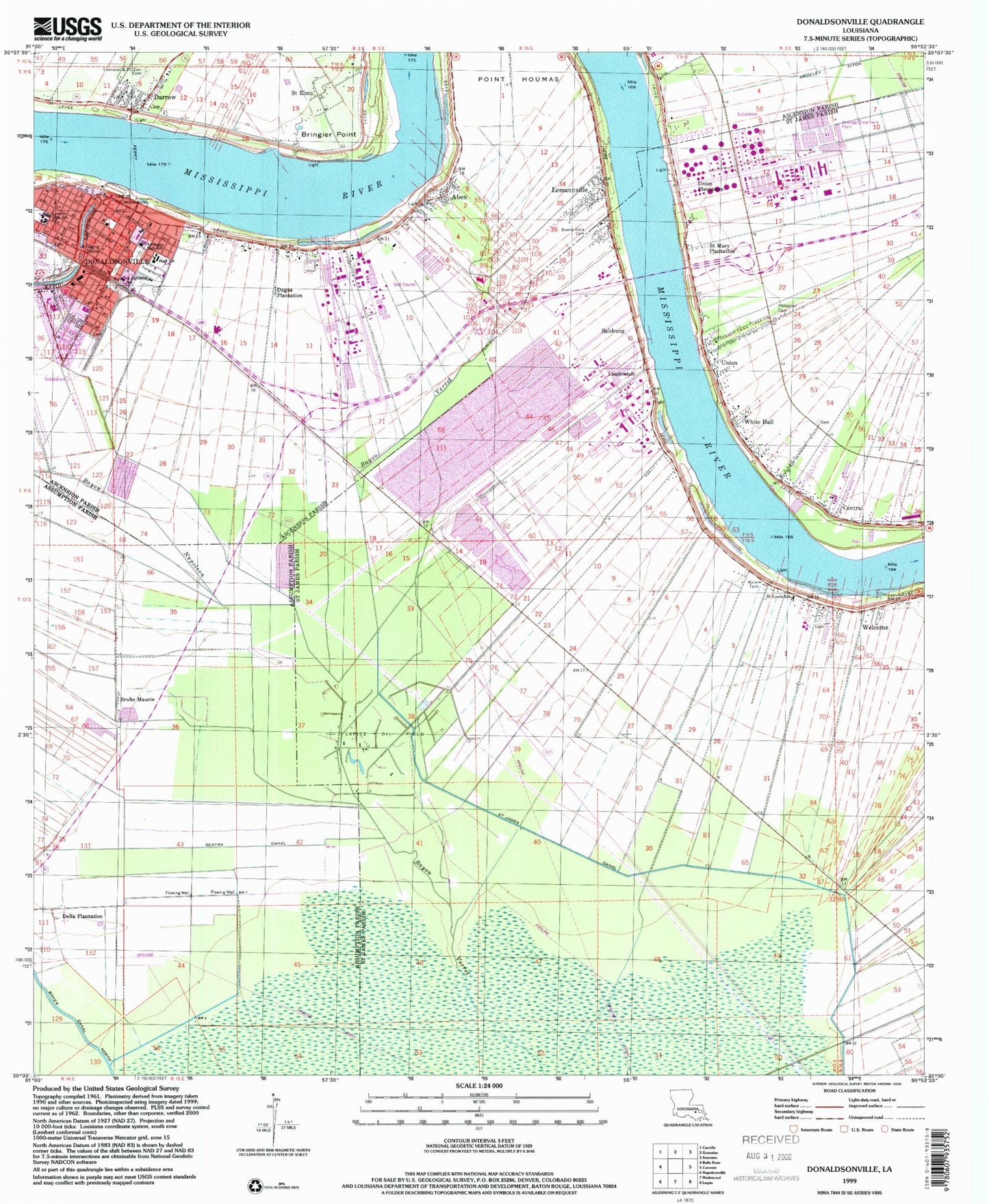 Classic USGS Donaldsonville Louisiana 7.5'x7.5' Topo Map Image