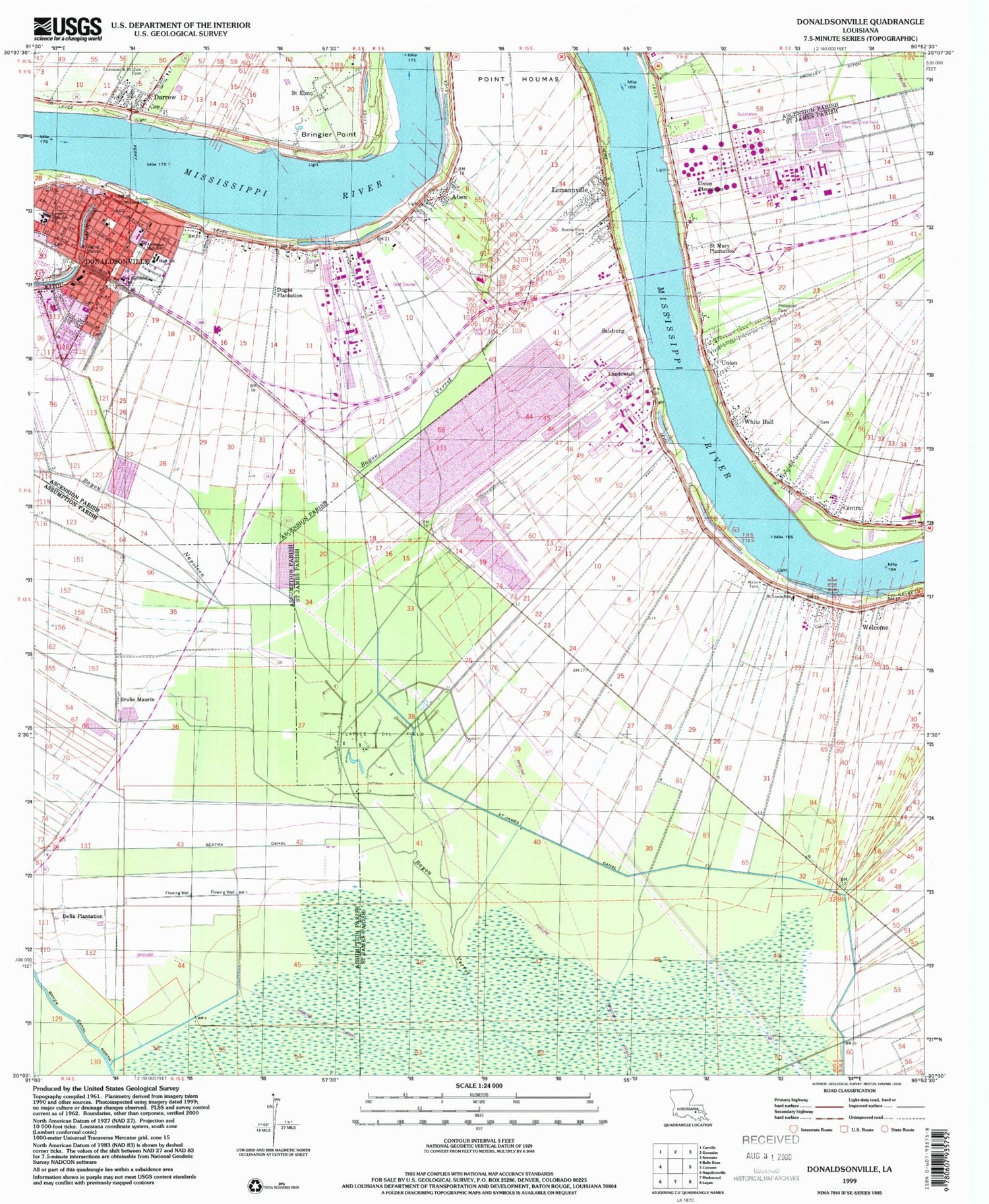 Classic USGS Donaldsonville Louisiana 7.5'x7.5' Topo Map Image