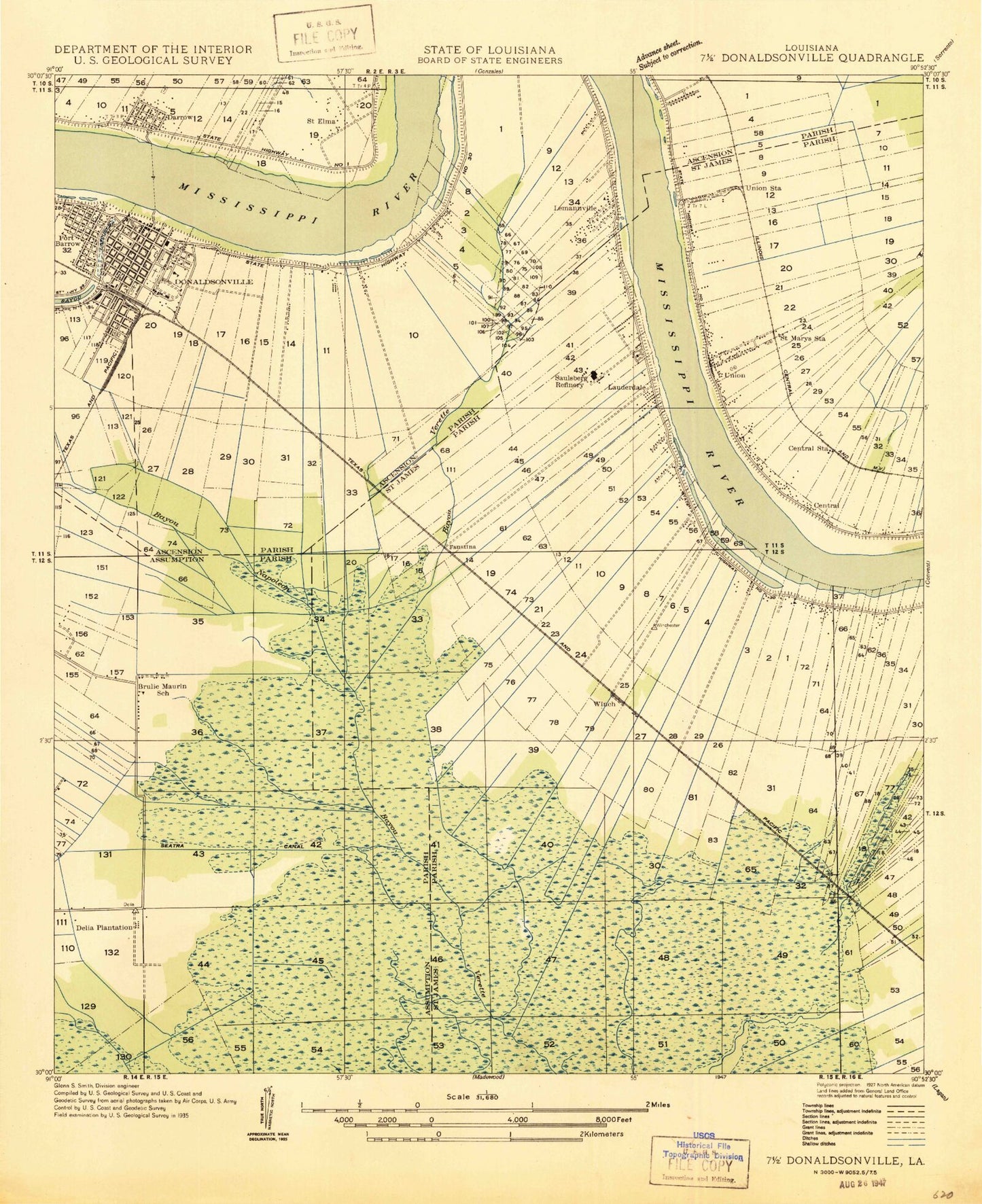 Classic USGS Donaldsonville Louisiana 7.5'x7.5' Topo Map Image