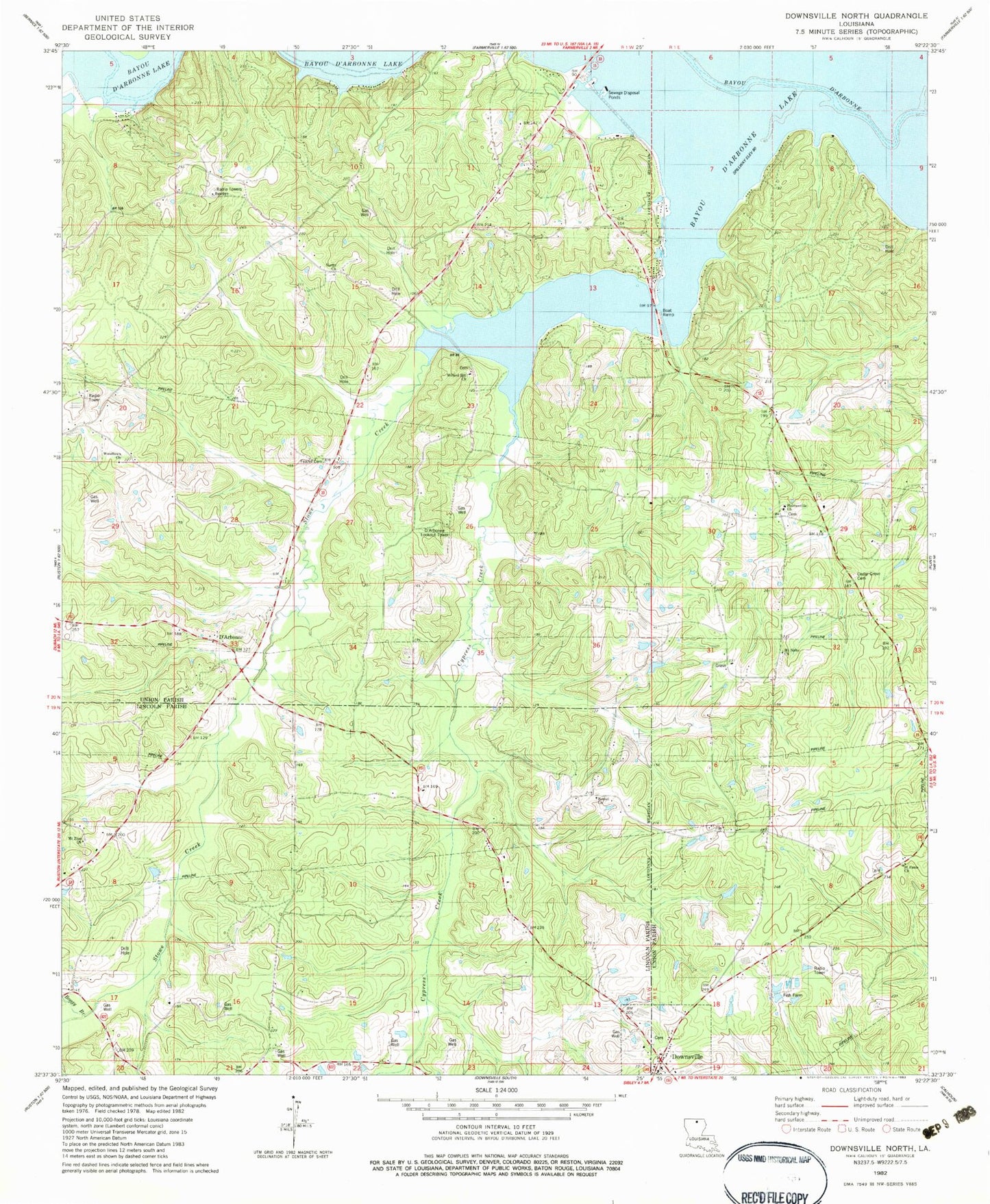 Classic USGS Downsville North Louisiana 7.5'x7.5' Topo Map Image
