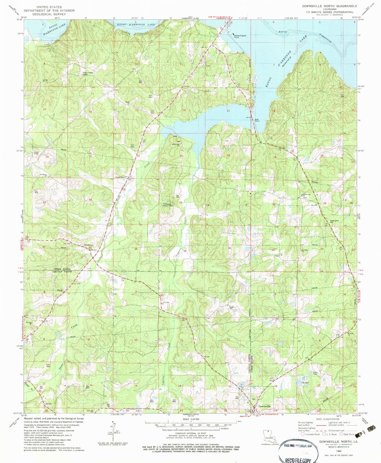 Classic USGS Downsville North Louisiana 7.5'x7.5' Topo Map Image