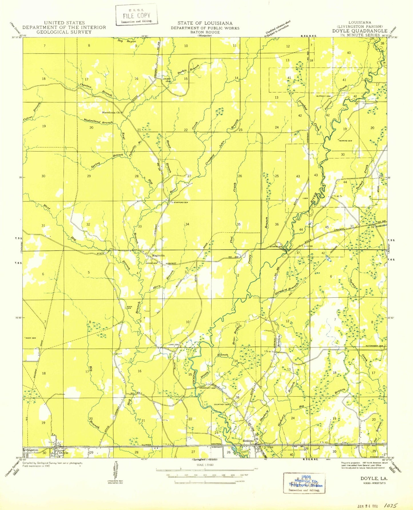 Classic USGS Holden Louisiana 7.5'x7.5' Topo Map Image