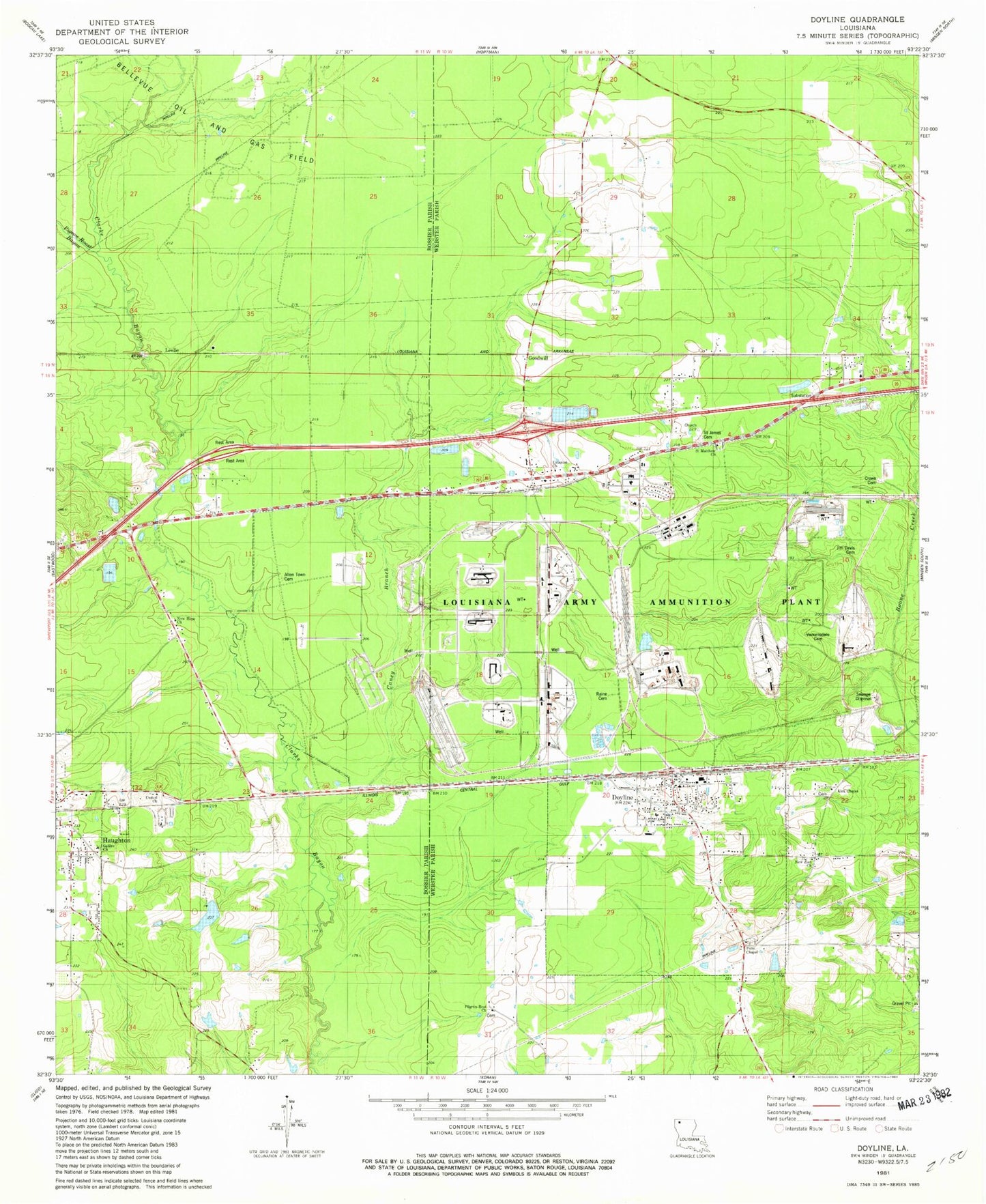 Classic USGS Doyline Louisiana 7.5'x7.5' Topo Map Image