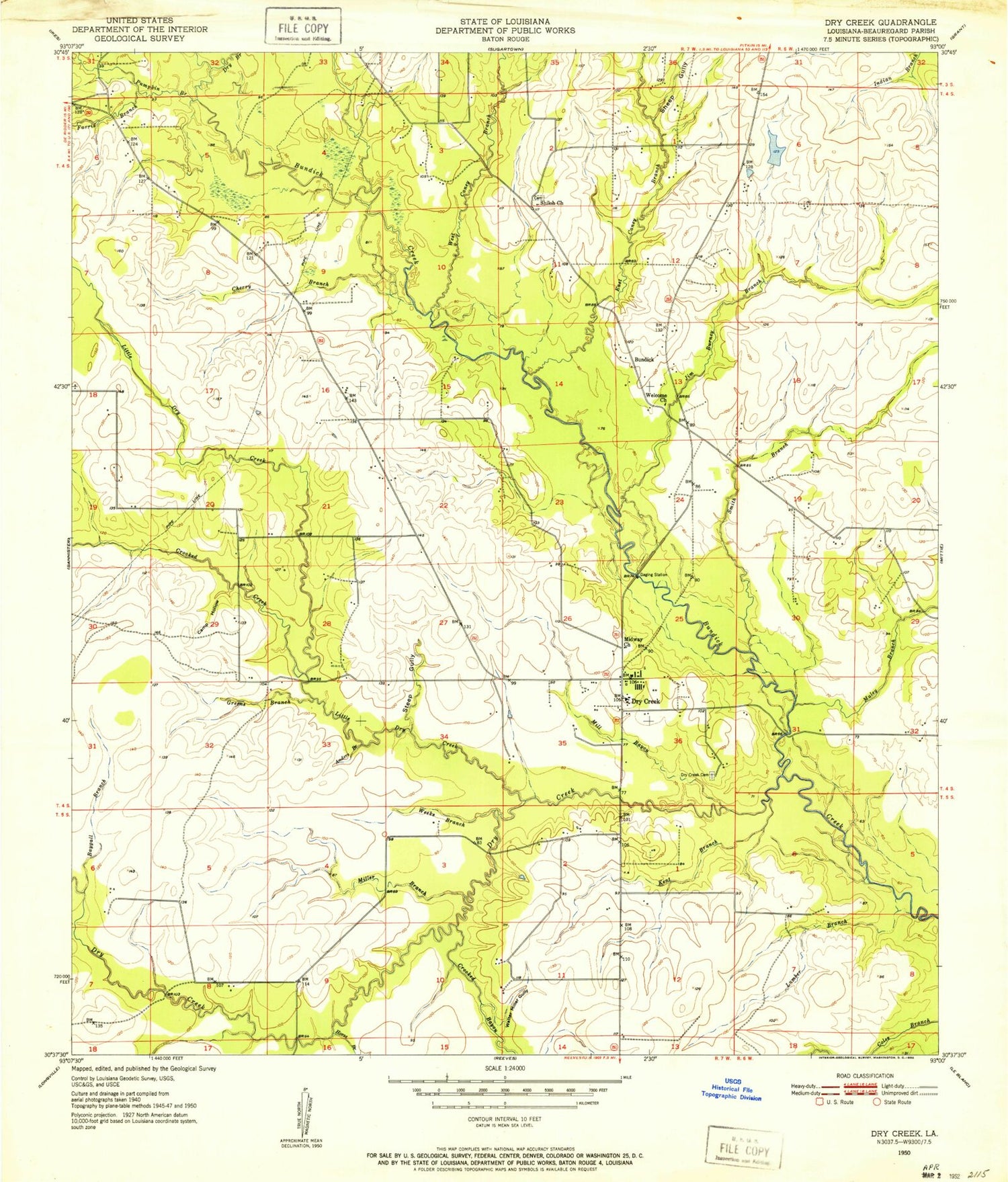 Classic USGS Dry Creek Louisiana 7.5'x7.5' Topo Map Image