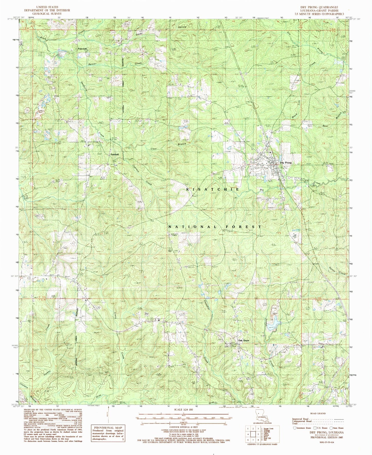 Classic USGS Dry Prong Louisiana 7.5'x7.5' Topo Map Image