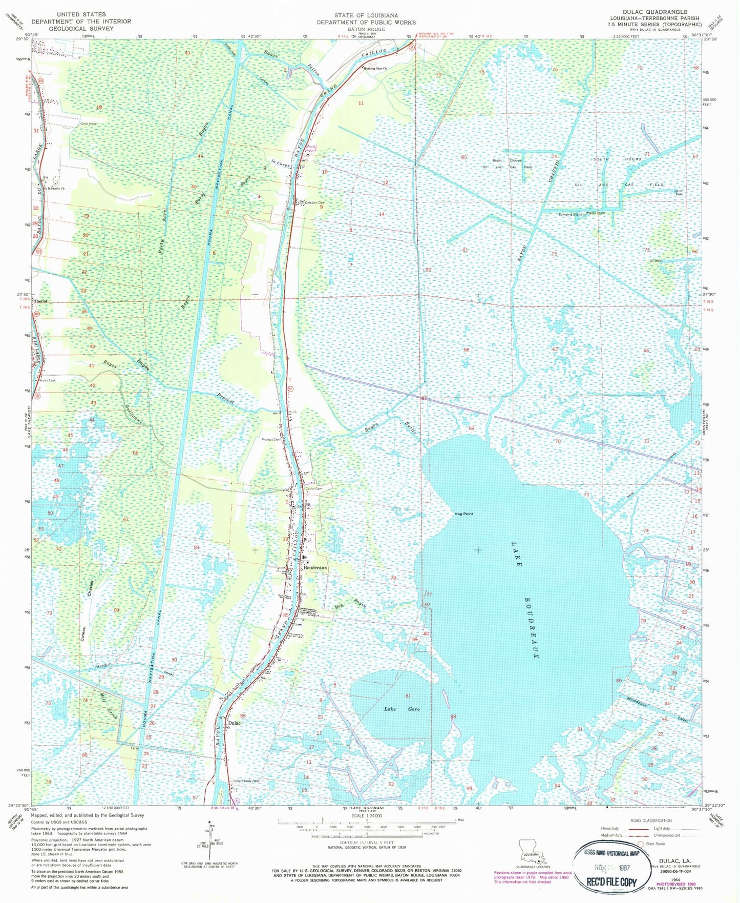 Classic USGS Dulac Louisiana 7.5'x7.5' Topo Map Image