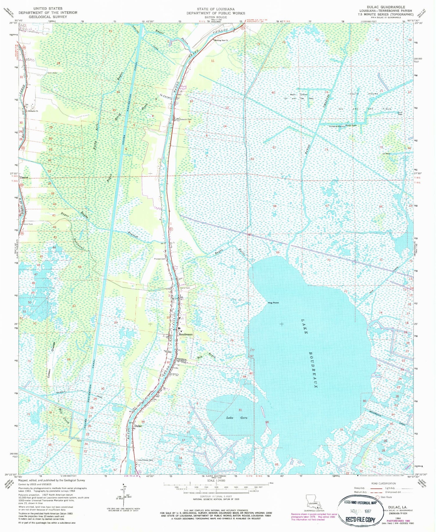 Classic USGS Dulac Louisiana 7.5'x7.5' Topo Map Image
