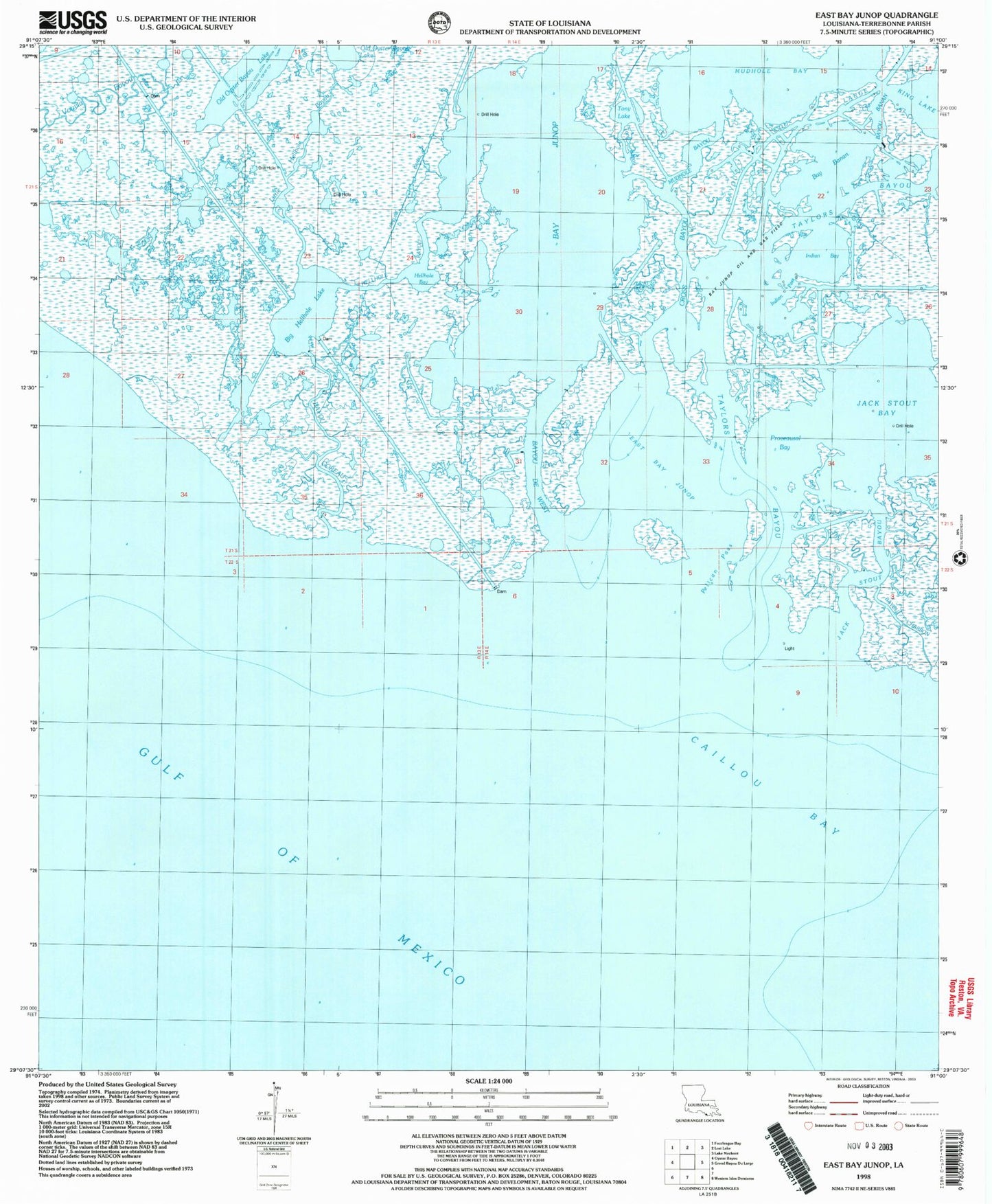 Classic USGS East Bay Junop Louisiana 7.5'x7.5' Topo Map Image