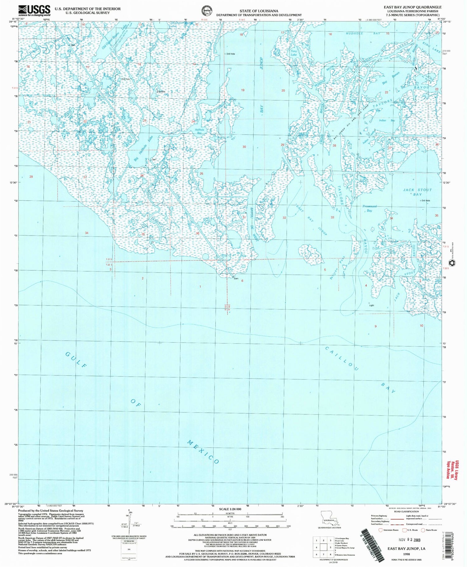 Classic USGS East Bay Junop Louisiana 7.5'x7.5' Topo Map Image