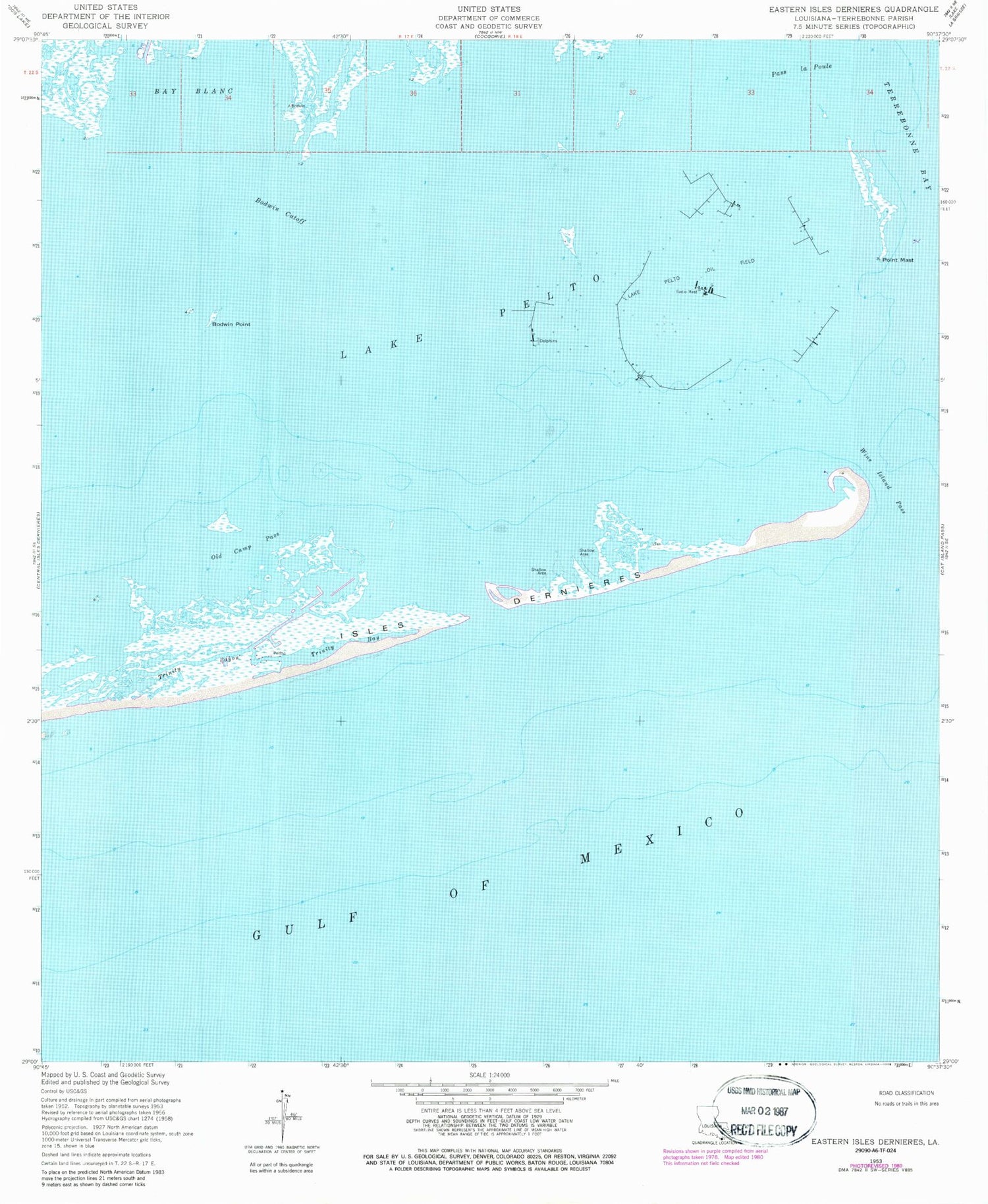 Classic USGS Eastern Isles Dernieres Louisiana 7.5'x7.5' Topo Map Image