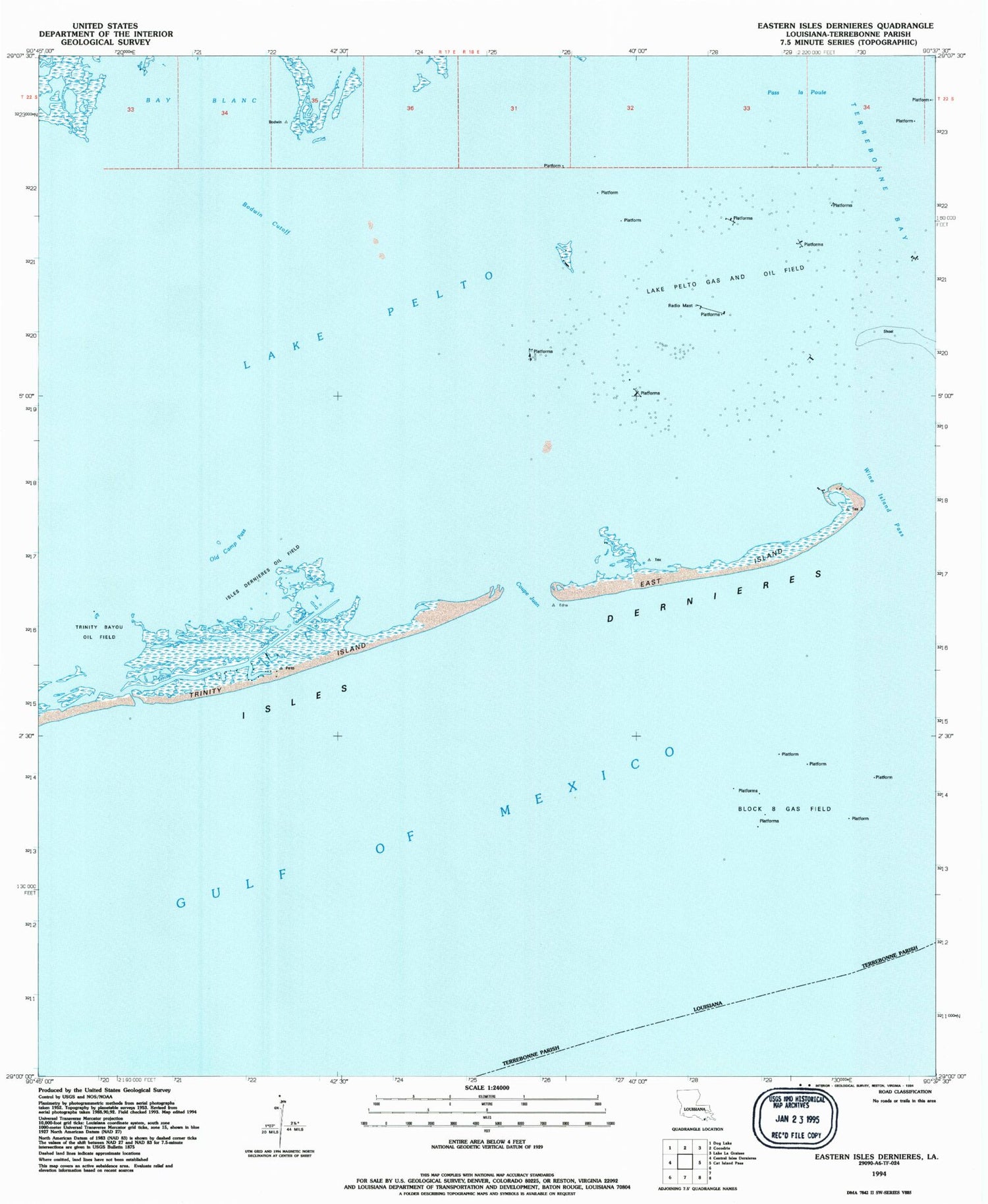 Classic USGS Eastern Isles Dernieres Louisiana 7.5'x7.5' Topo Map Image