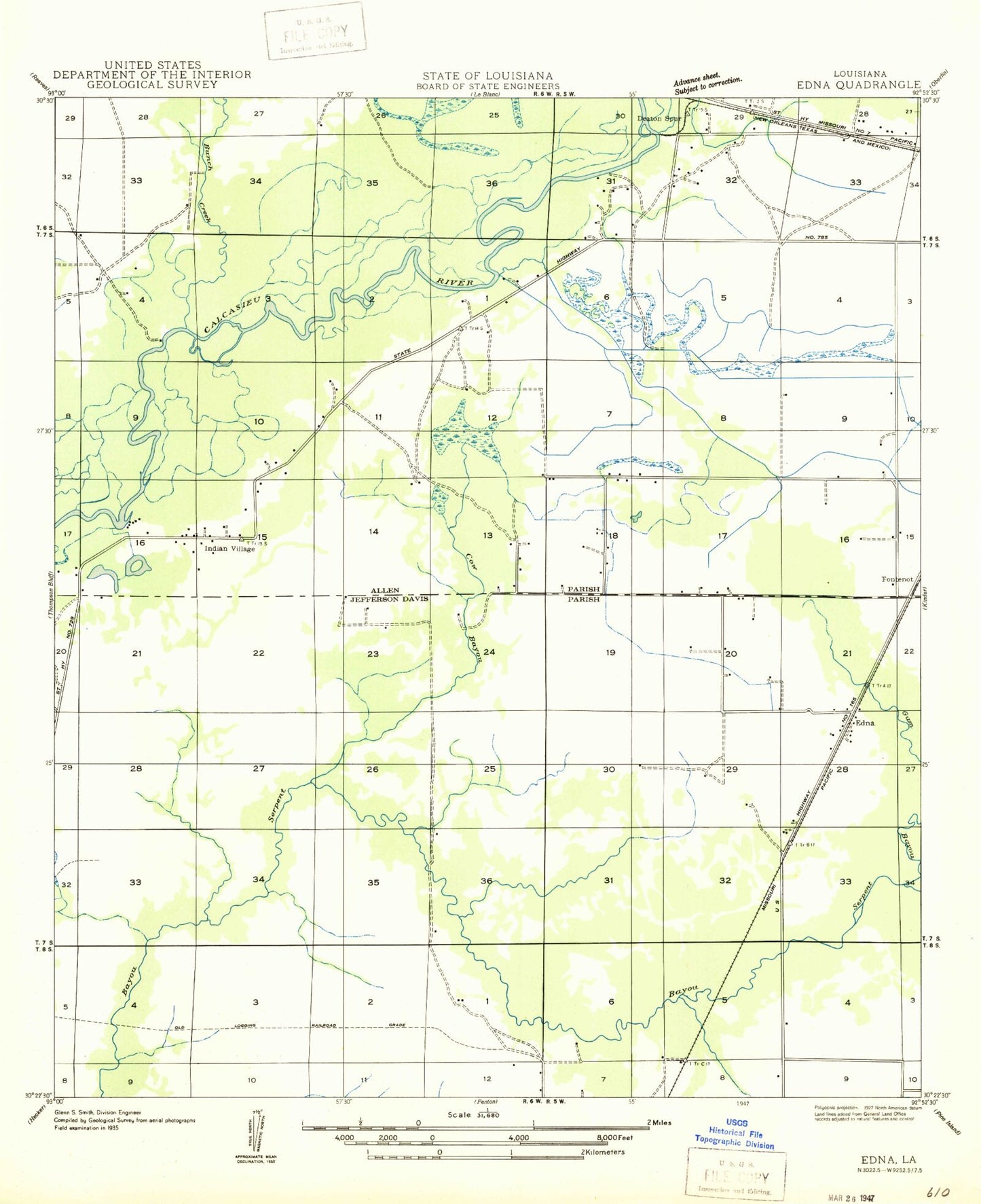 Classic USGS Indian Village Louisiana 7.5'x7.5' Topo Map Image