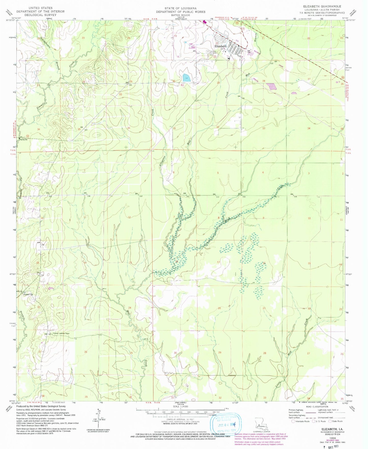Classic USGS Elizabeth Louisiana 7.5'x7.5' Topo Map Image