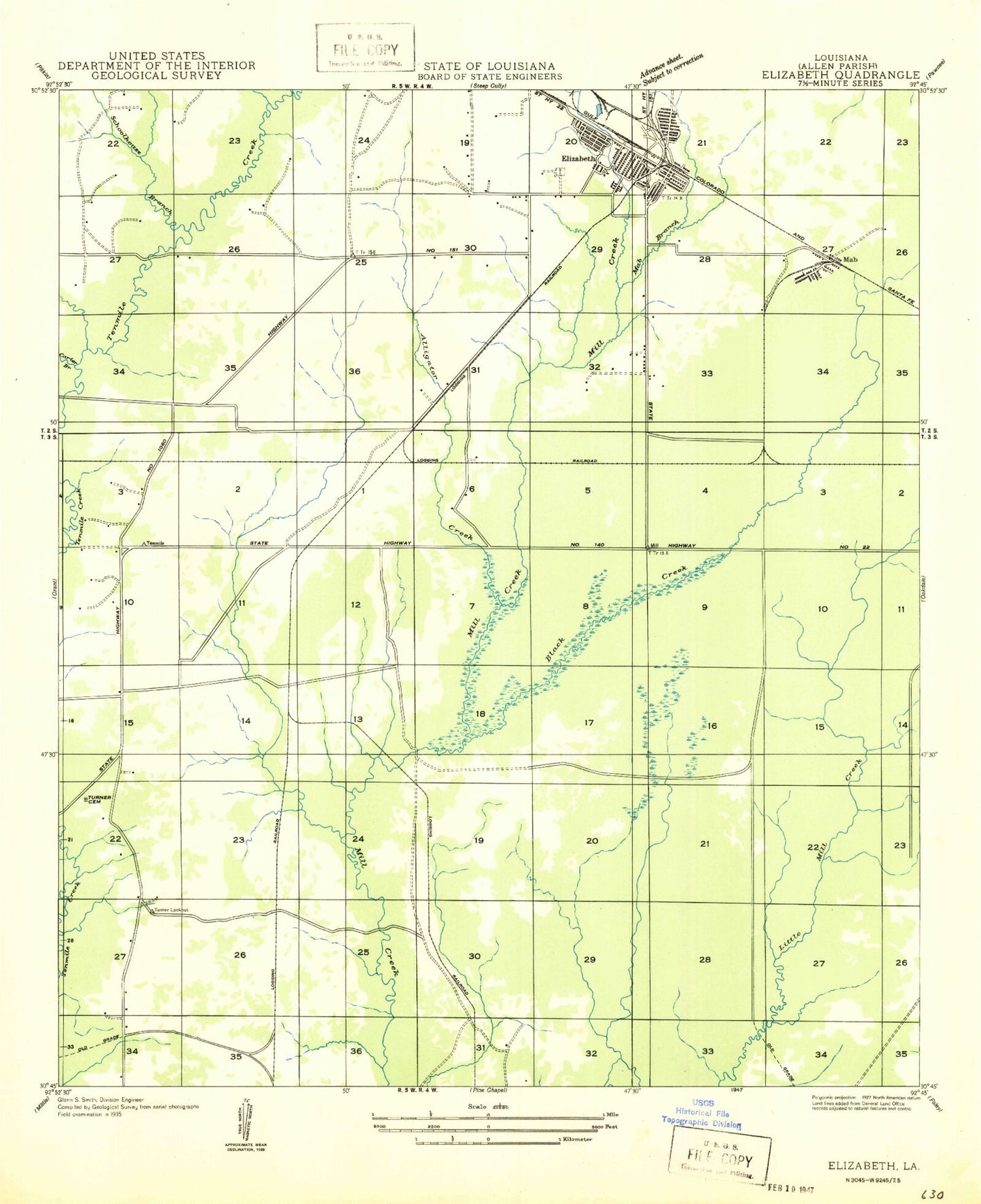 Classic USGS Elizabeth Louisiana 7.5'x7.5' Topo Map Image