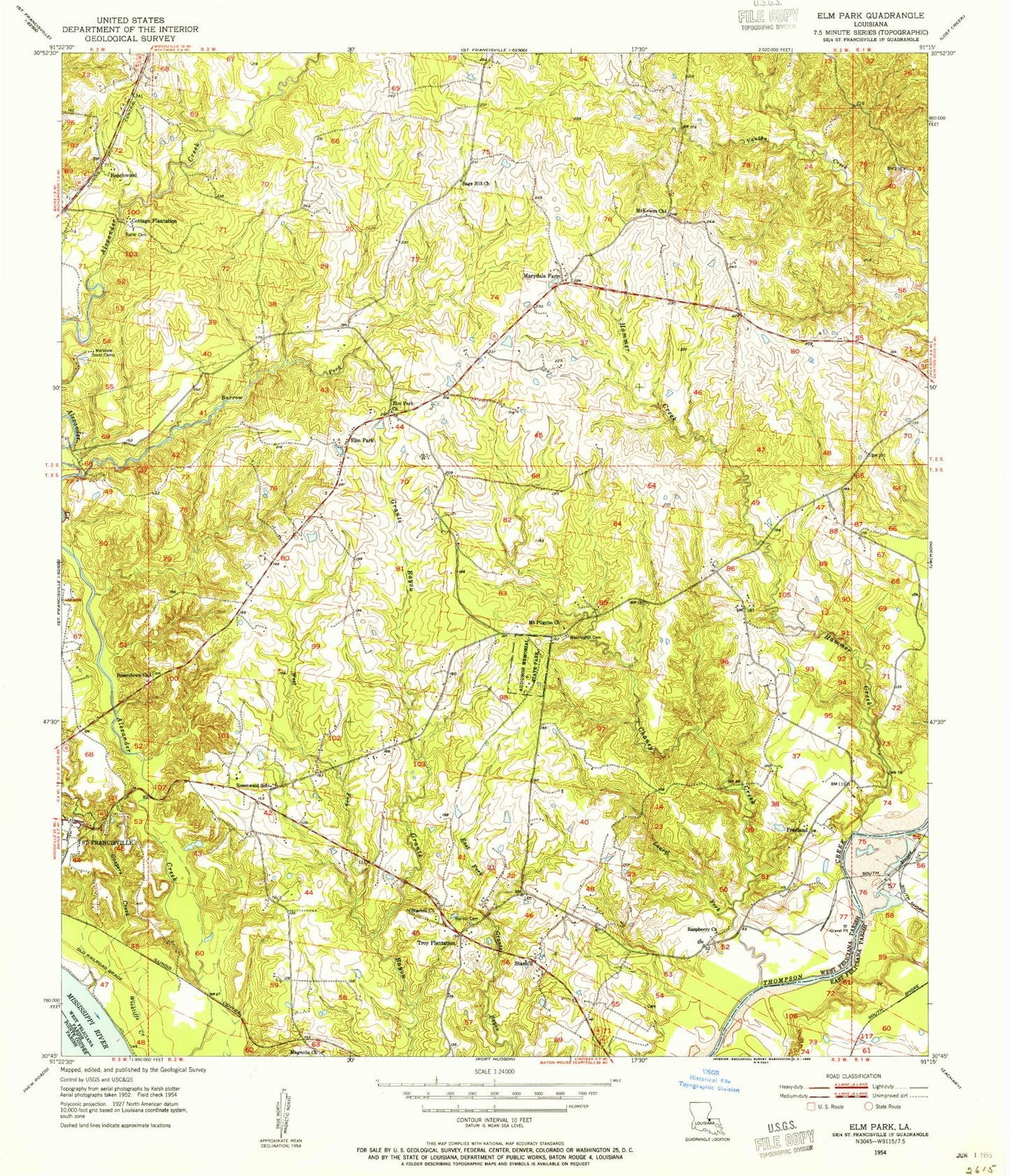 Classic USGS Elm Park Louisiana 7.5'x7.5' Topo Map Image