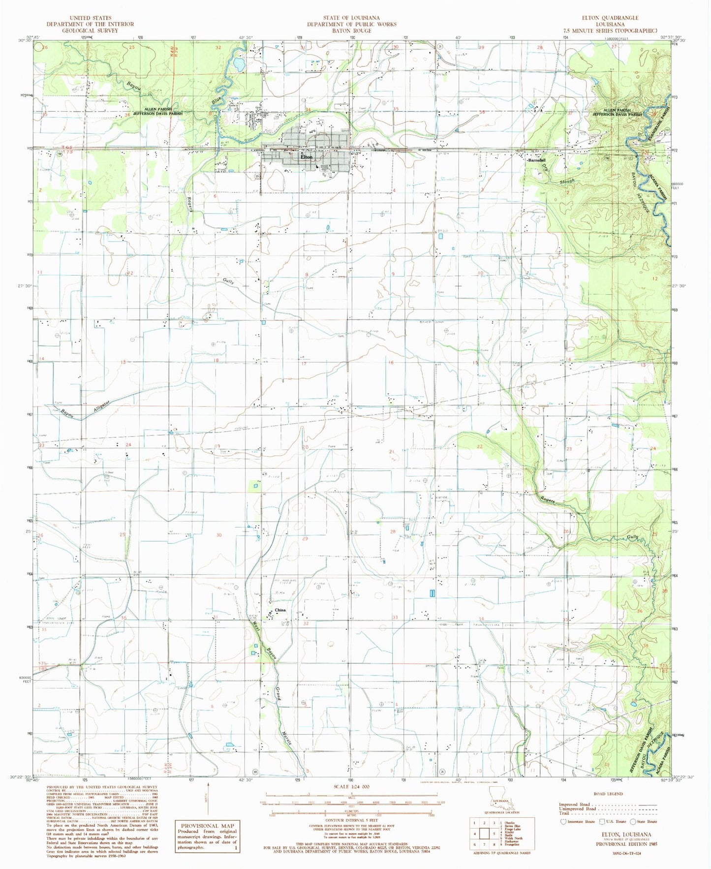 Classic USGS Elton Louisiana 7.5'x7.5' Topo Map Image