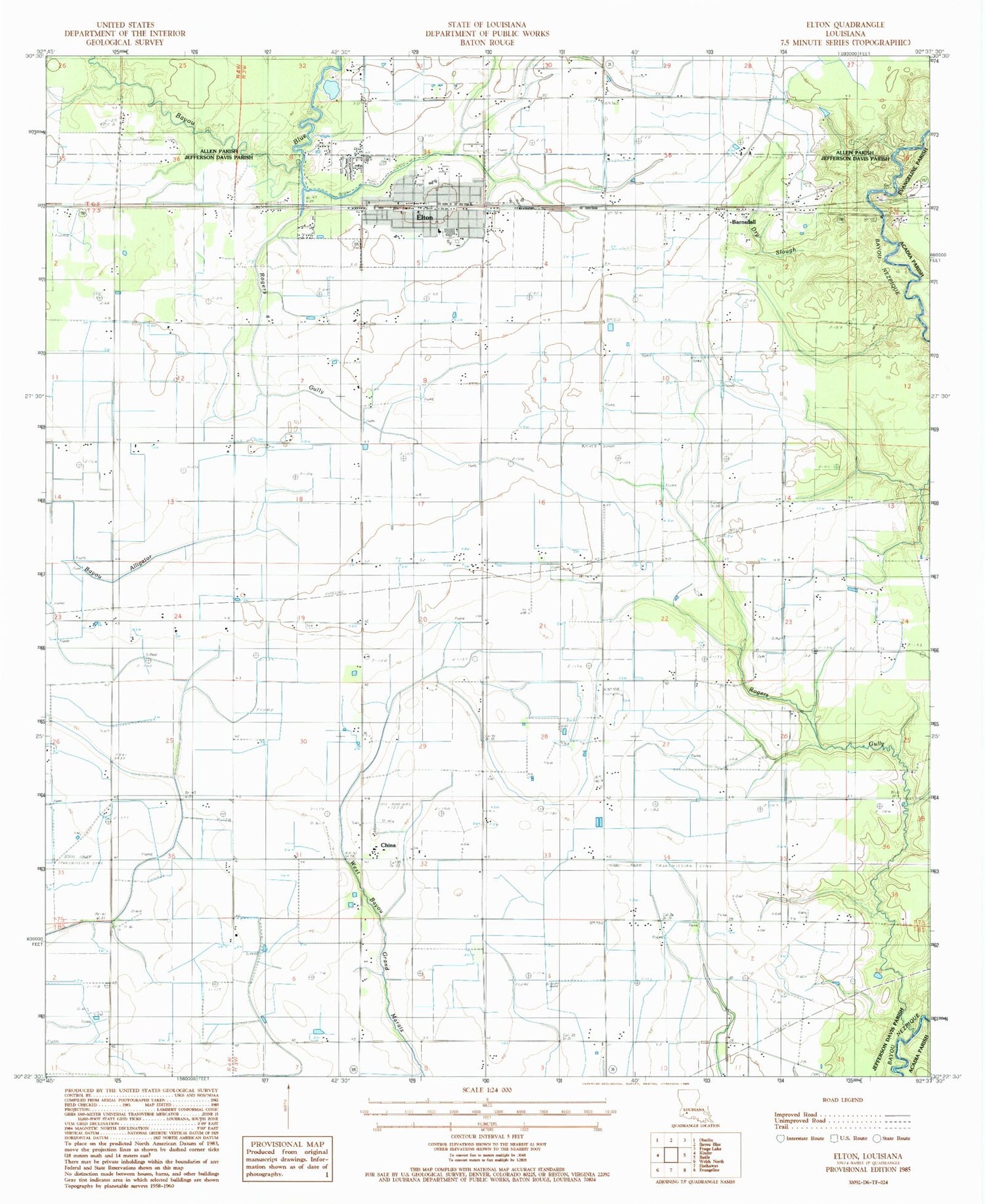 Classic USGS Elton Louisiana 7.5'x7.5' Topo Map Image