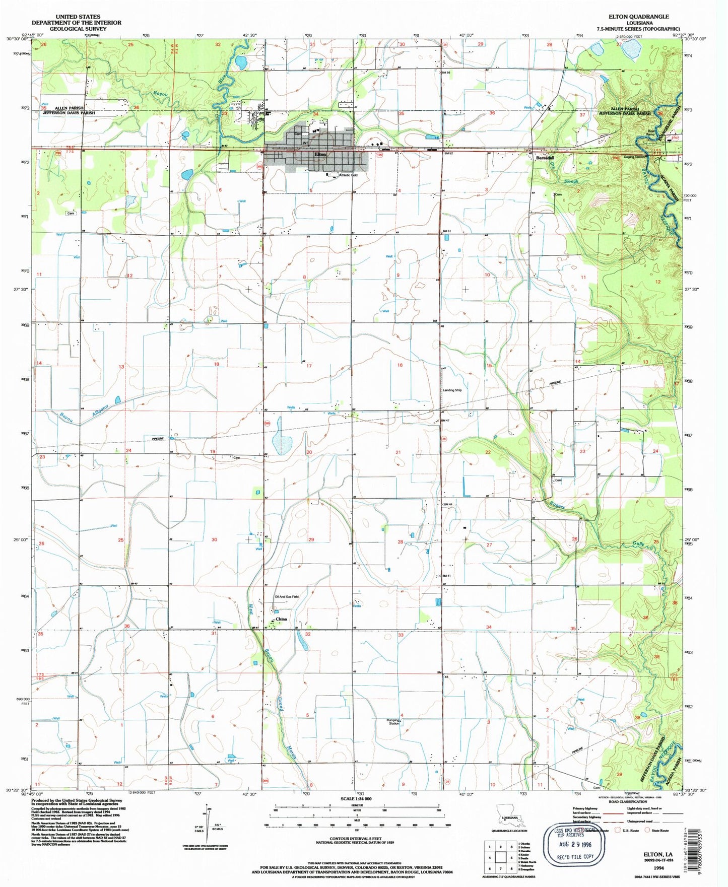 Classic USGS Elton Louisiana 7.5'x7.5' Topo Map Image