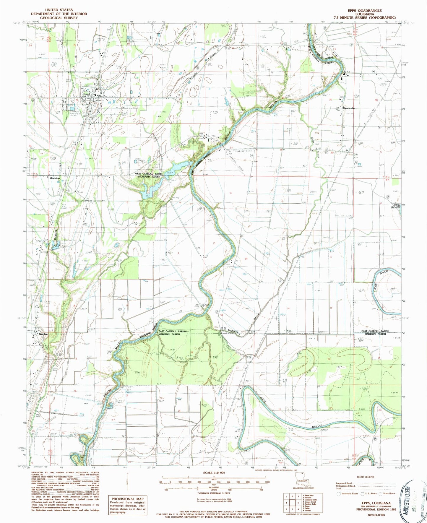 Classic USGS Epps Louisiana 7.5'x7.5' Topo Map Image