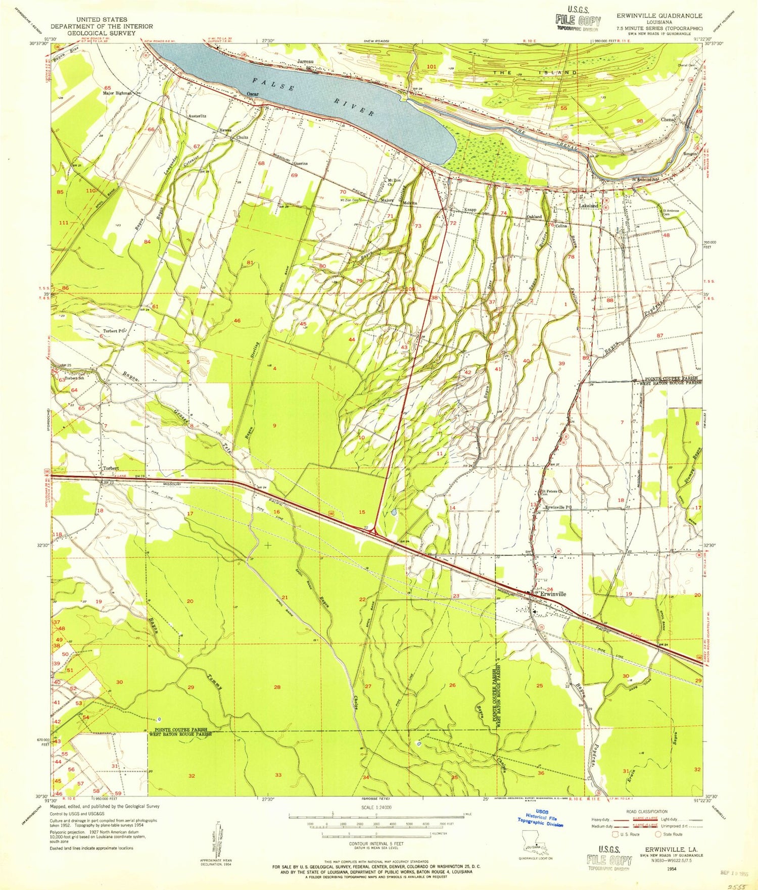 Classic USGS Erwinville Louisiana 7.5'x7.5' Topo Map Image