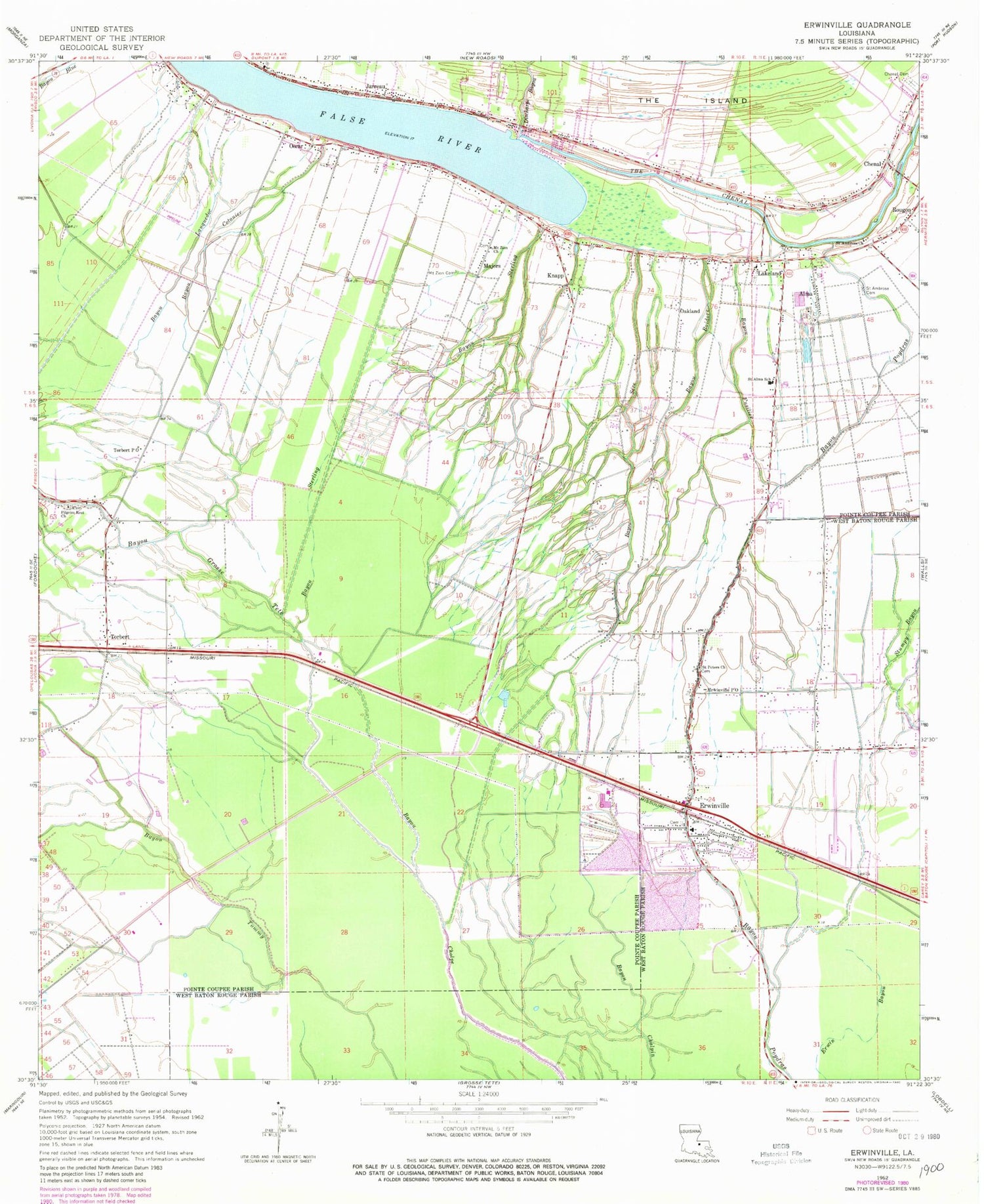 Classic USGS Erwinville Louisiana 7.5'x7.5' Topo Map Image