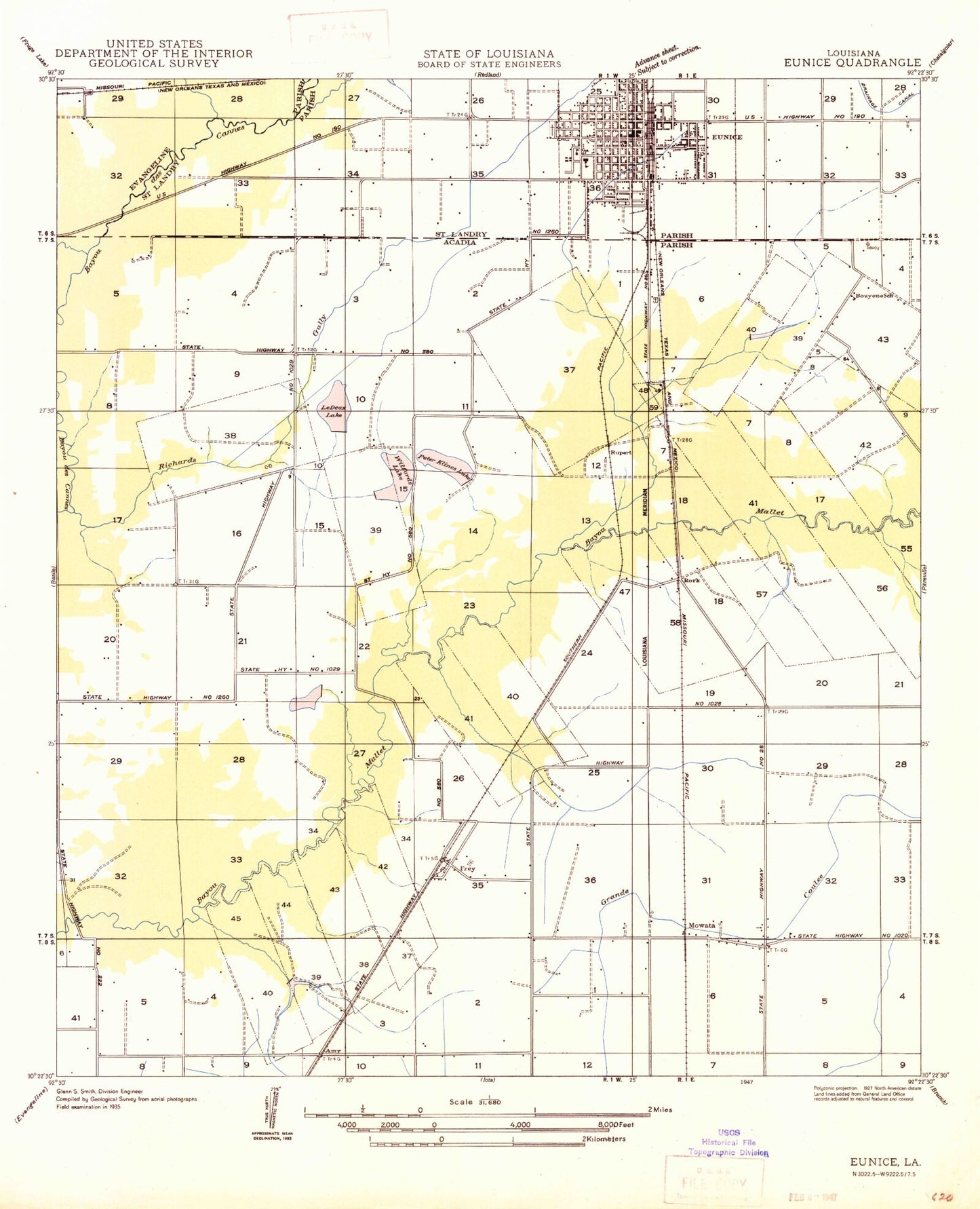 Classic USGS Eunice South Louisiana 7.5'x7.5' Topo Map Image