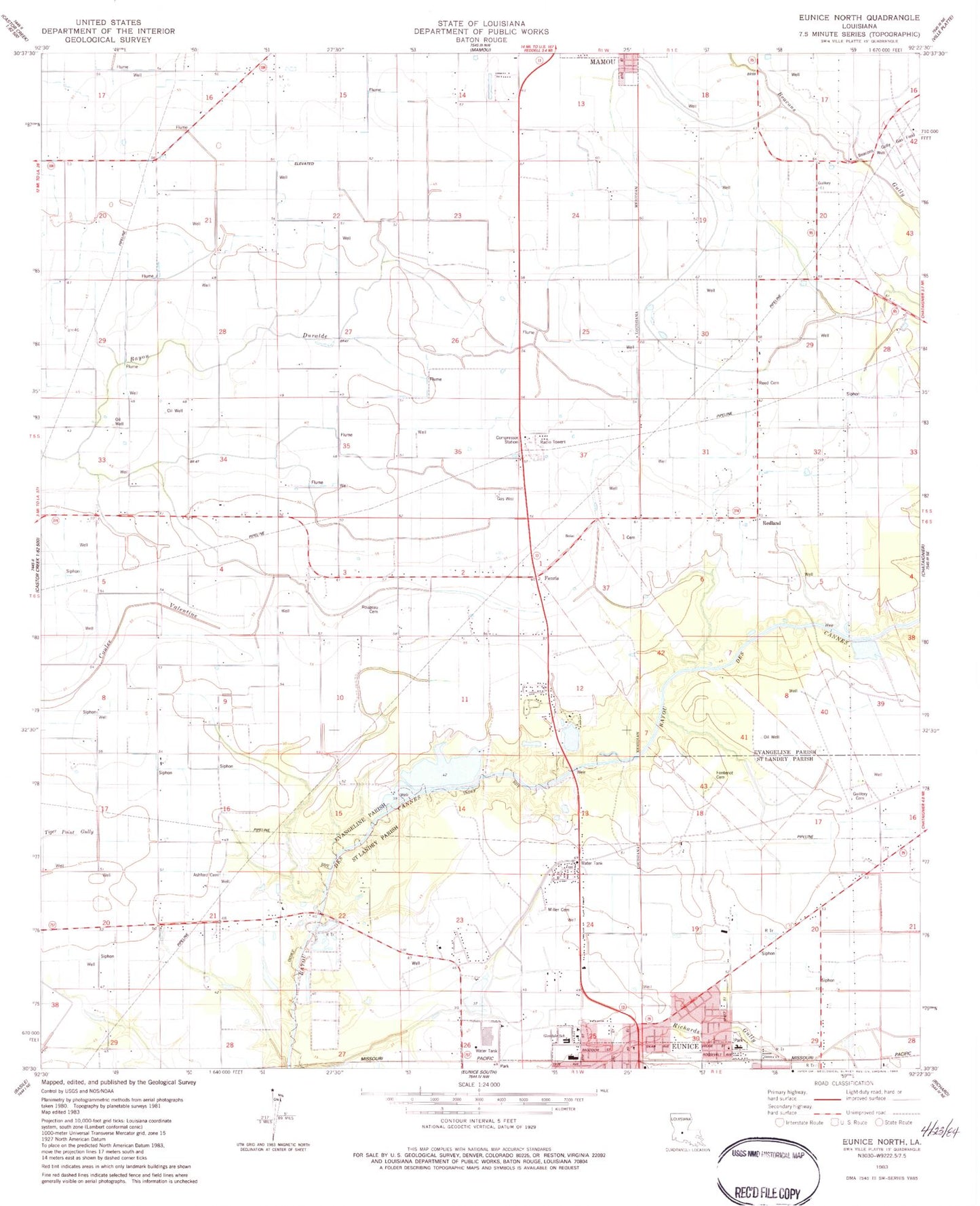 Classic USGS Eunice North Louisiana 7.5'x7.5' Topo Map Image