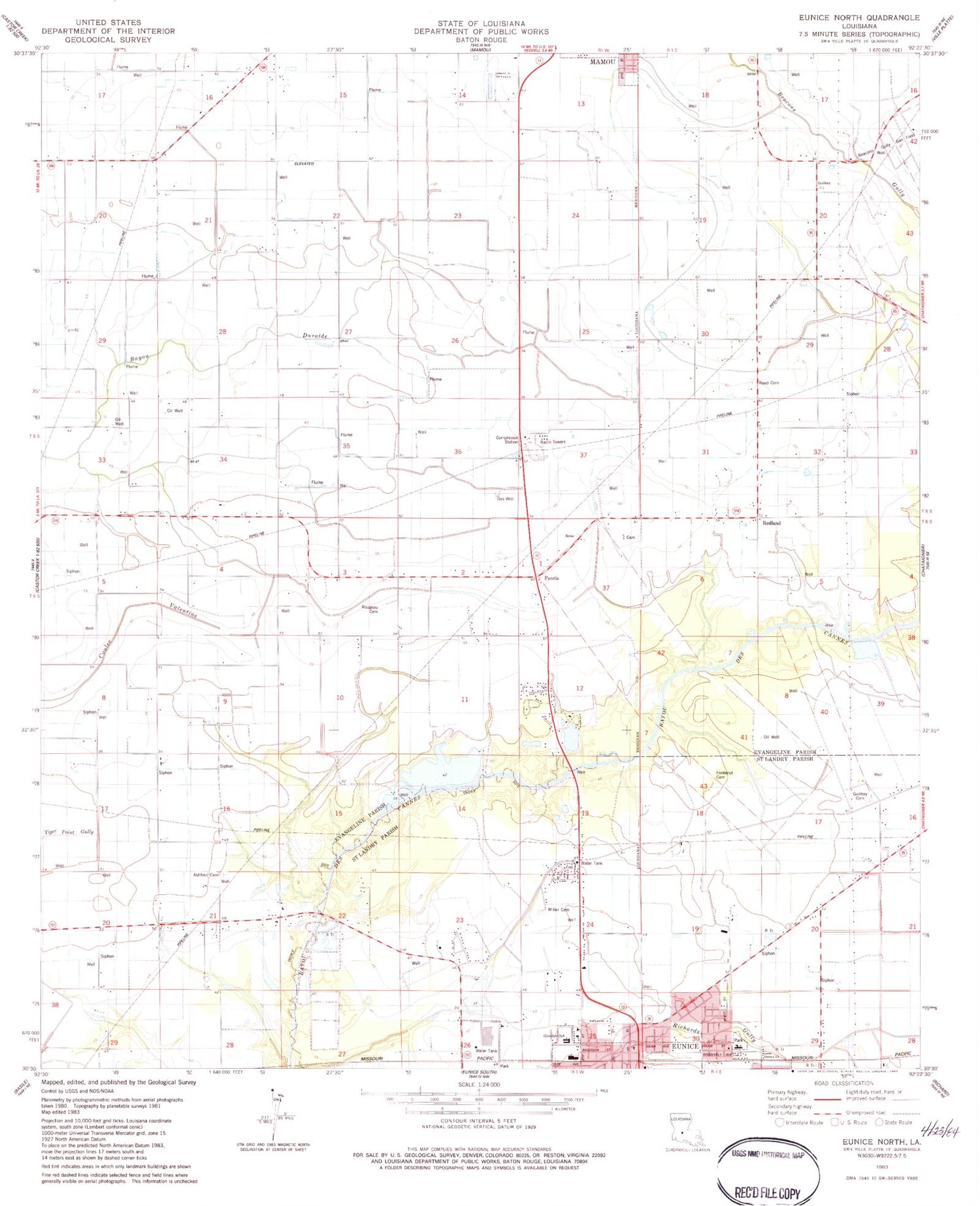 Classic USGS Eunice North Louisiana 7.5'x7.5' Topo Map Image