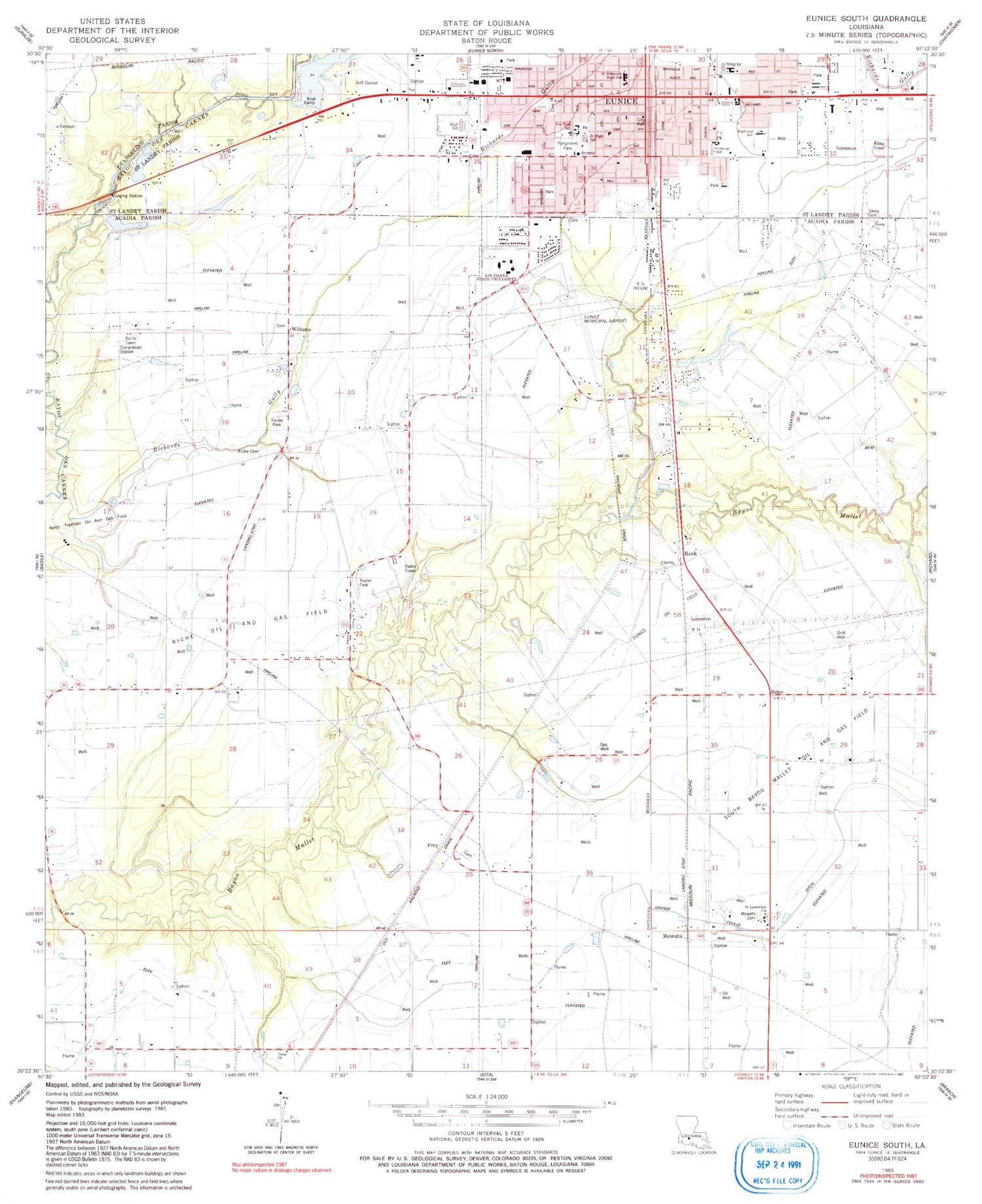 Classic USGS Eunice South Louisiana 7.5'x7.5' Topo Map Image