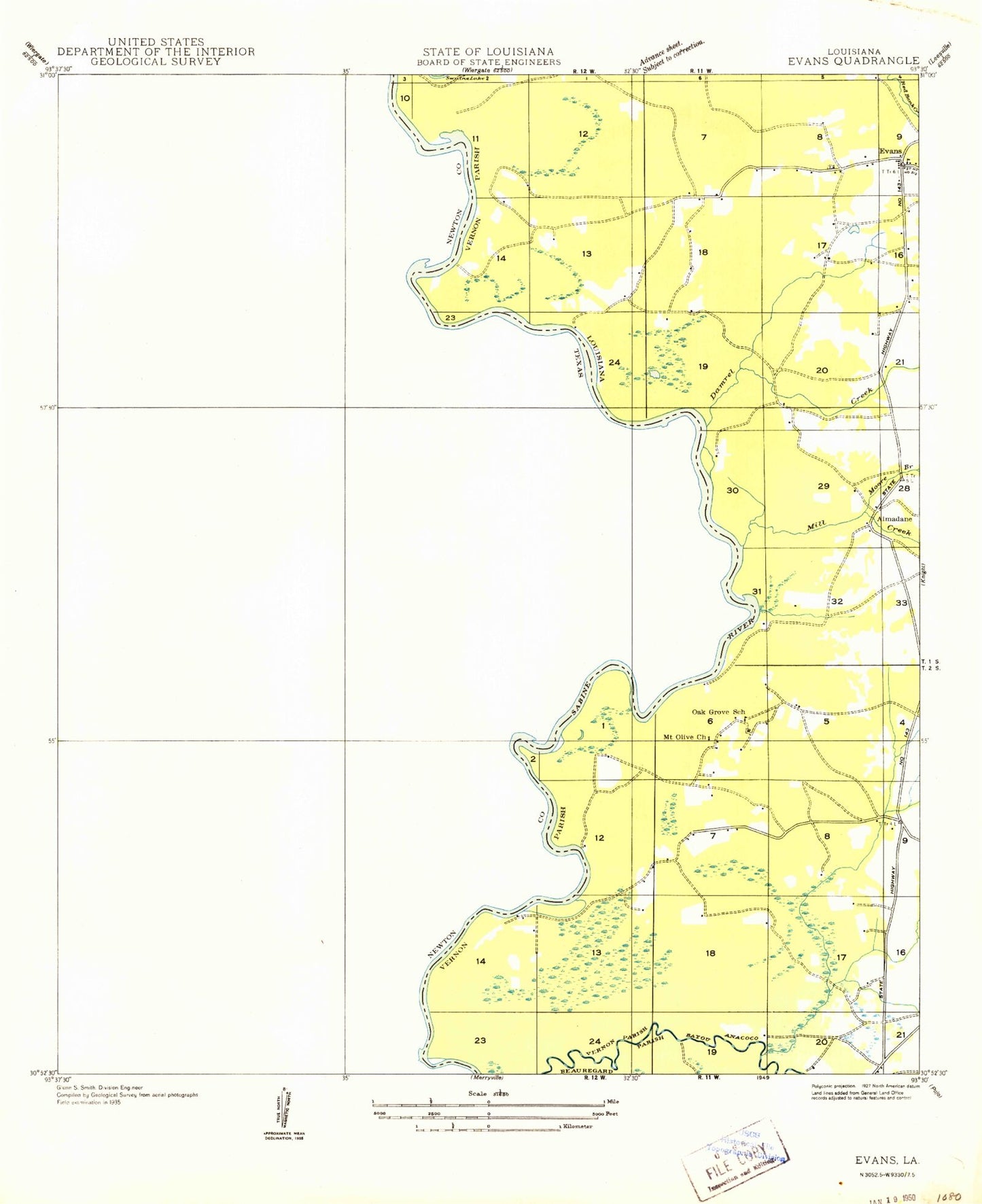 Classic USGS Evans Louisiana 7.5'x7.5' Topo Map Image
