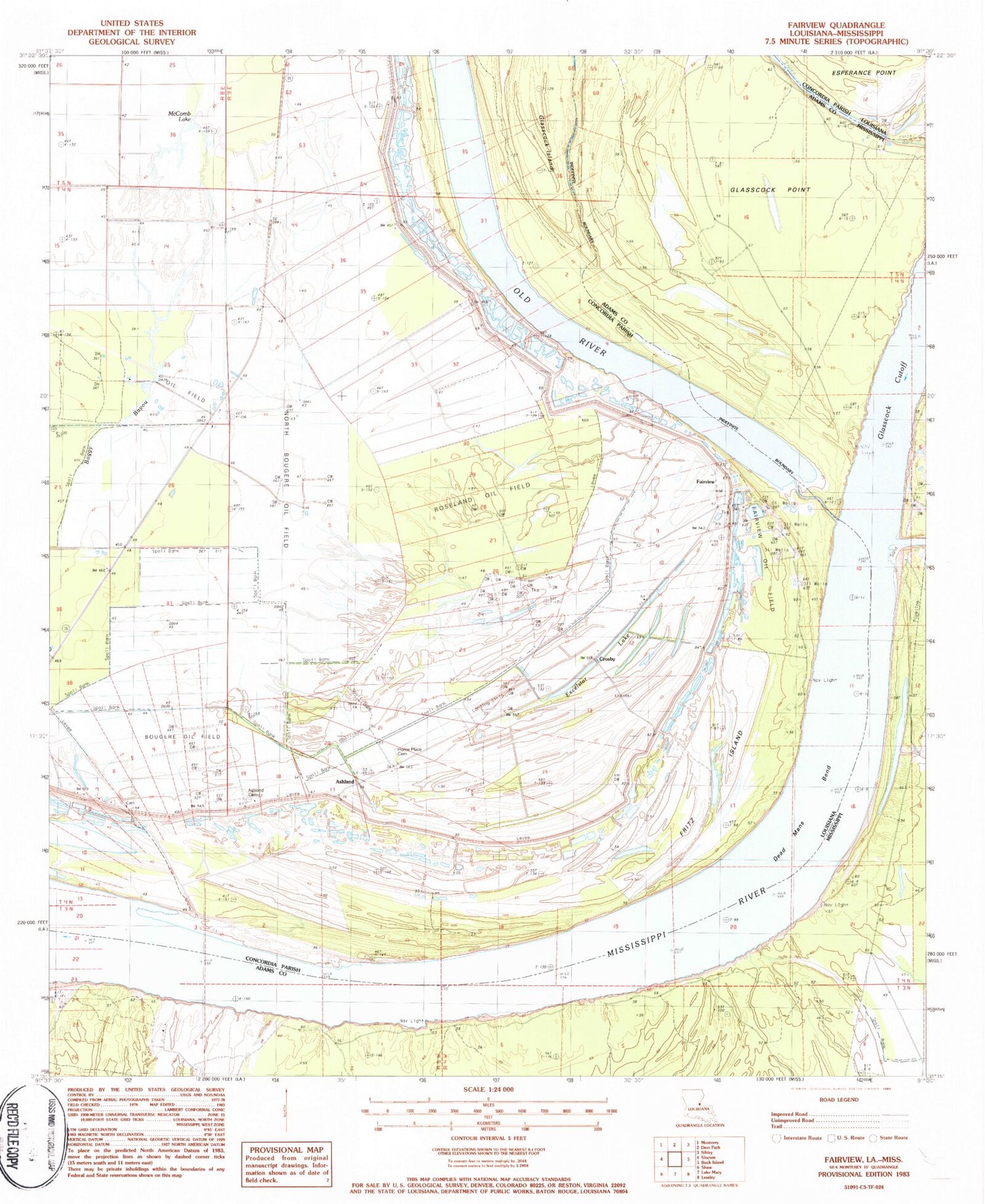 Classic USGS Fairview Louisiana 7.5'x7.5' Topo Map Image