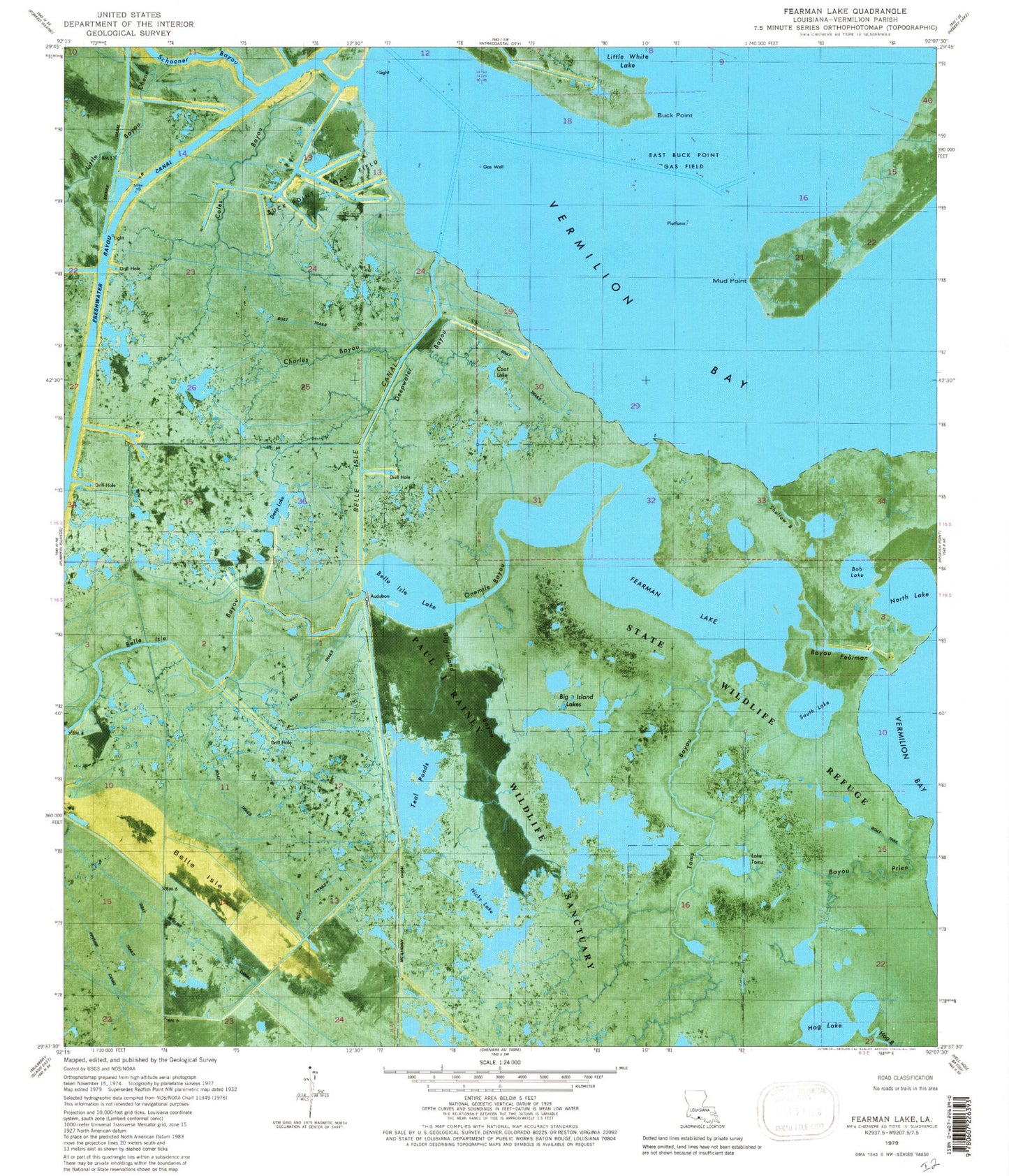 Classic USGS Fearman Lake Louisiana 7.5'x7.5' Topo Map Image